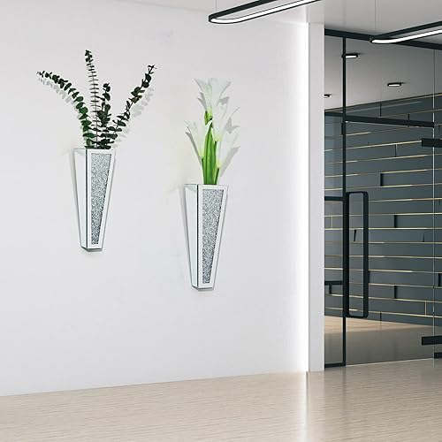 Miniatura 6 de Jarrón colgante de pared de cristal, recipiente de espejo de diamante triturado plateado, decoración del hogar para sala de estar, comedor,