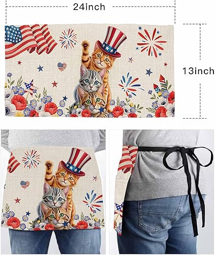 Miniatura 6 de DecorLovee Delantal de camarera con 3 bolsillos, diseño floral de primavera del 4 de julio, delantal de camarera del Día de la Independencia,