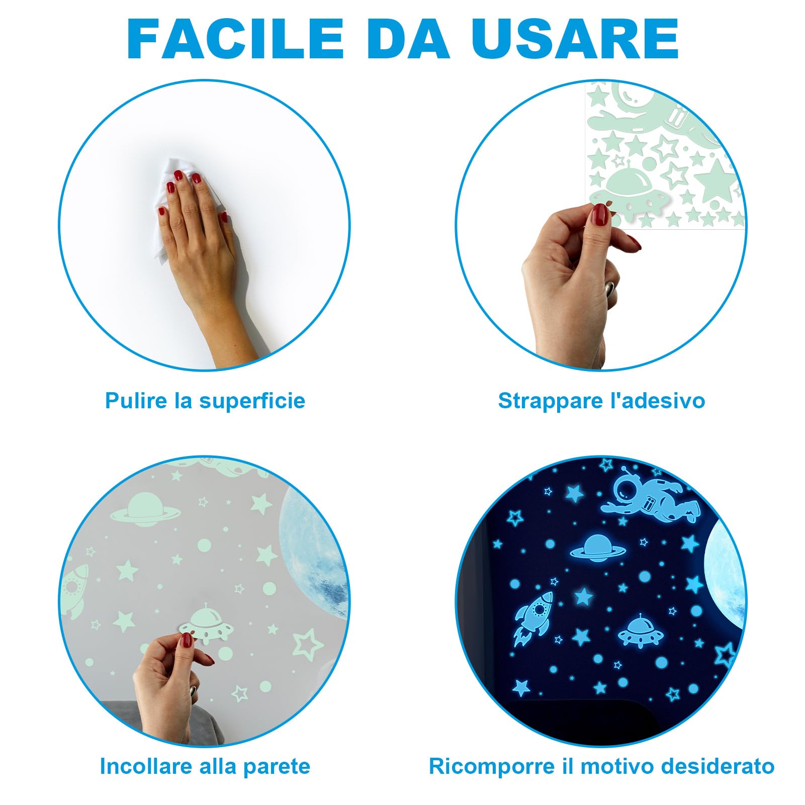 1503pz Stelle Fluorescenti Adesive Soffitto, Luna e Astronauti Adesivi luminescenti, Stelle luminose Adesivi murali per la decorazione della stanza dei bambini (Blu)