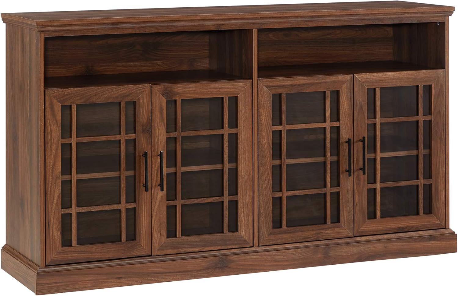 ഫ്രണ്ട് view of the Walker Edison Classic Glass Door Universal TV Stand in Dark Walnut.