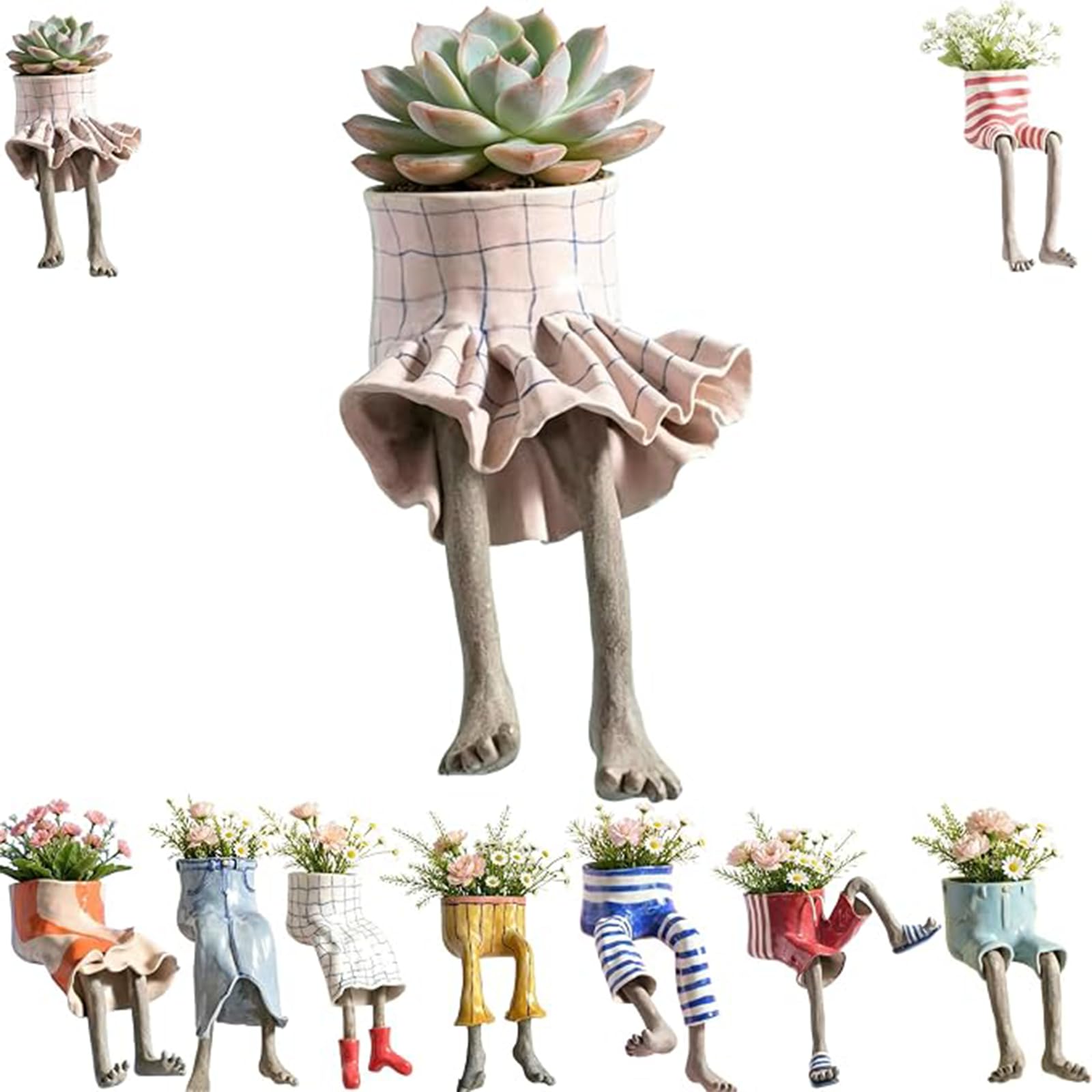 Fenydull Creative Sitting Human Shaped Resin Planter, Cute Dangling Legs Flower Pot with Drainage Hole, Unique Novelty Succulent & Cactus Planters for Indoor Outdoor Shelf Decor，Grid Ruffle