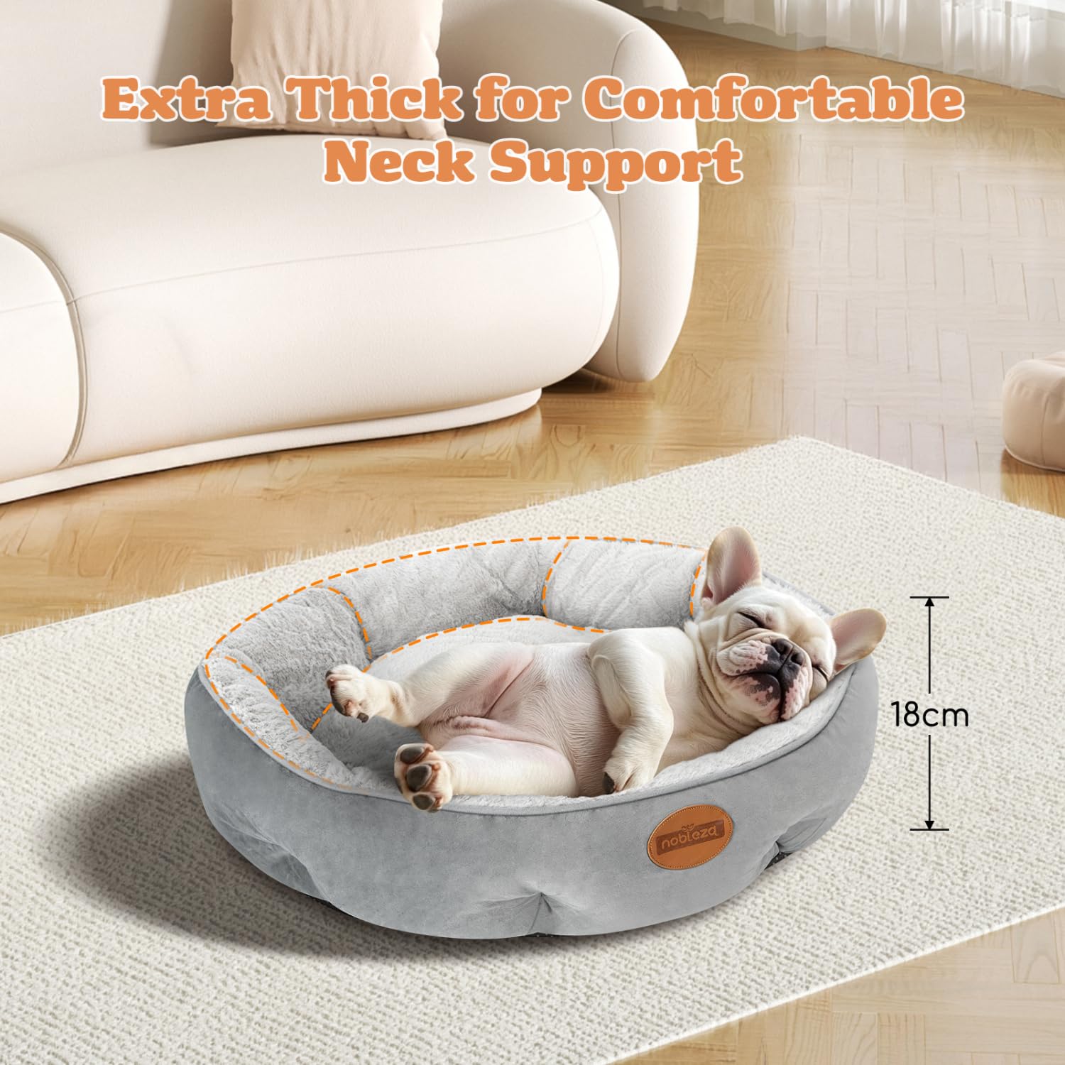Nobleza Cama para Perros Pequeños, Cama Lavable para Mascotas, Sofá Redonda de Perros y Gatos Antideslizantes y Antiestres, Felpa Suave y Mullida, Bordes Elevados, Gris, Ø80 x 18 cm