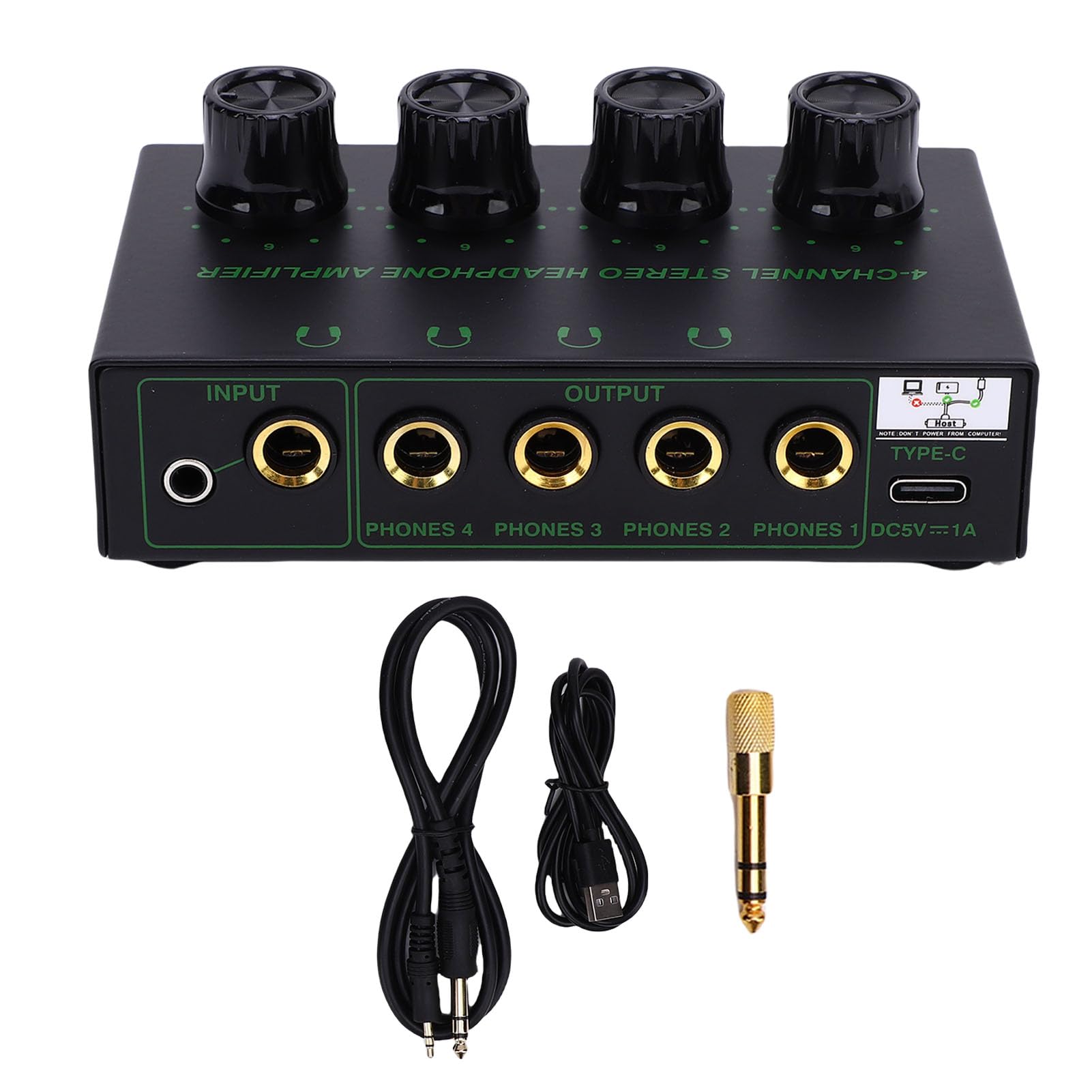 PolyGen Amplificatore per cuffie 4 canali con ingresso di alimentazione USB, uscita da 100 mW e robusto involucro in metallo, amplificatore per cuffie portatile audio stereo TRS
