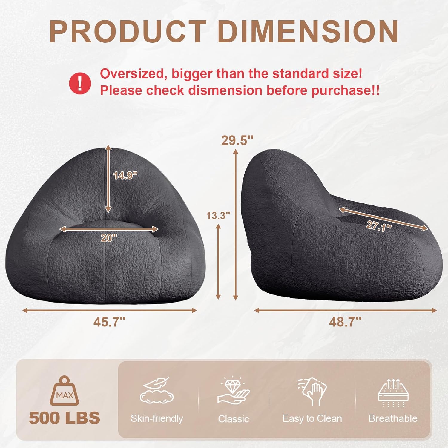 4FT Large Bean Bag Chair for Adults - Big Boneless Floor Chair with Foam Filling, Oversized Bean Bag Sofa for Reading and Gaming in Bedroom, Living Room, Dorm, Grey Chenille Grey