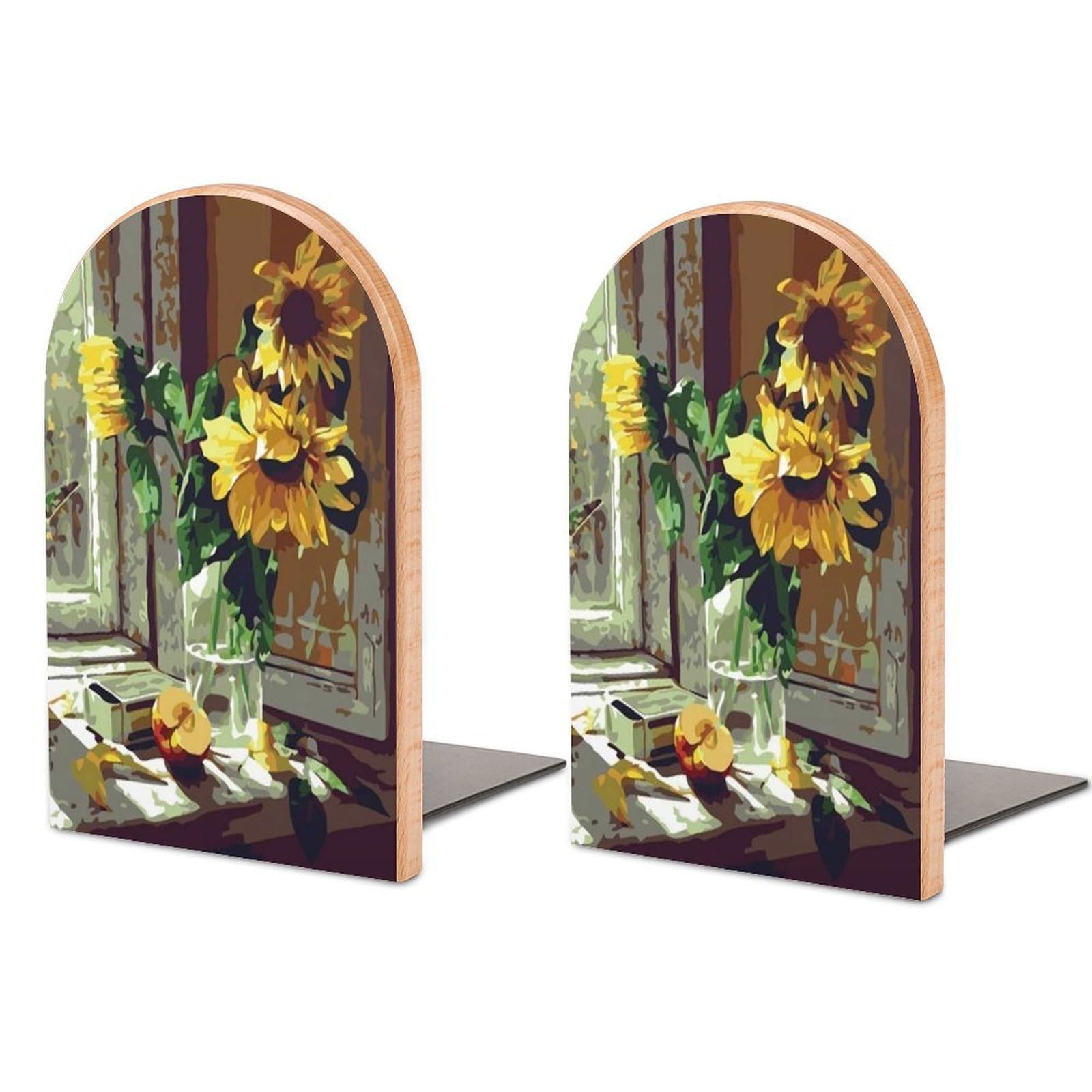 Warm Sunflower Beech Wood Bookends Heavy Duty Book Organizers Desktop File Holder for Office Home Bookshelf