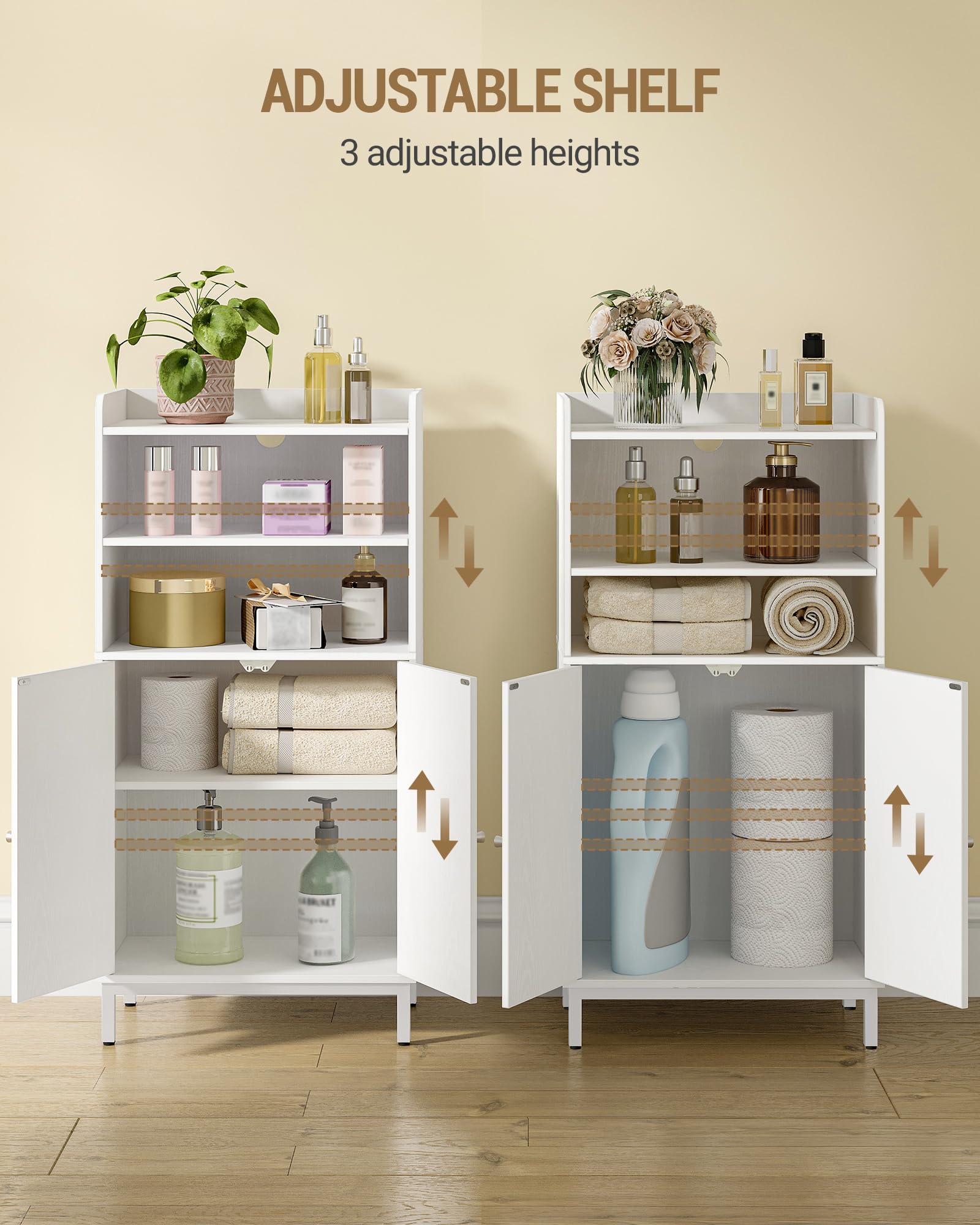 Hzuaneri Badezimmerschrank, Badschrank, Küchenschrank mit 2 offenen Fächern, 2 Türen, 2 verstellbaren Einlegeböden, Freistehender Badezimmer, 20 × 37 × 84 cm, Weiß BC48213W