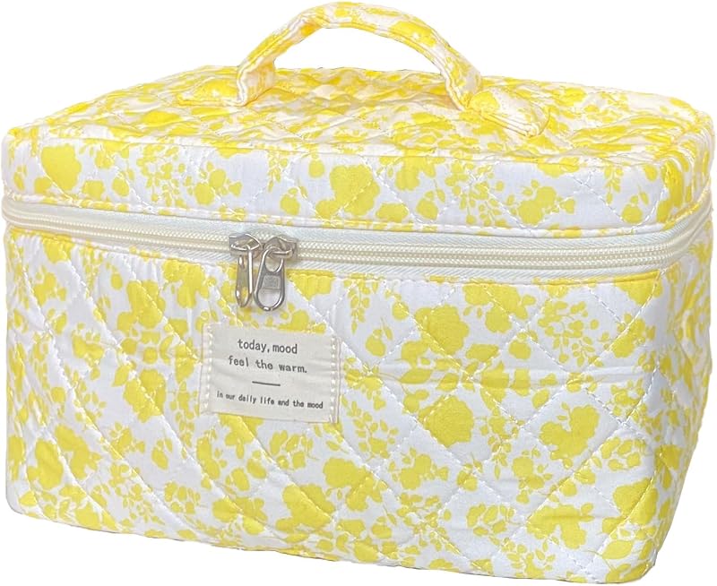 Necessaire de maquiagem WYJ amarela com estampa floral, algodão matelassê e zíper