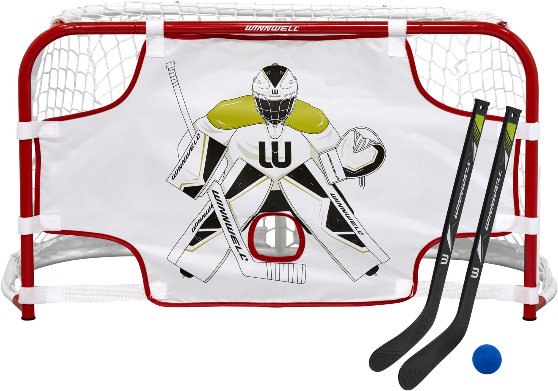 - Mini Knee Hockey Set - Indoor Hockey Training Equipment - Includes 1 Goalie Shooter Target, 1 Knee Goal, 2 Mini Sticks & 1 Foam Ball