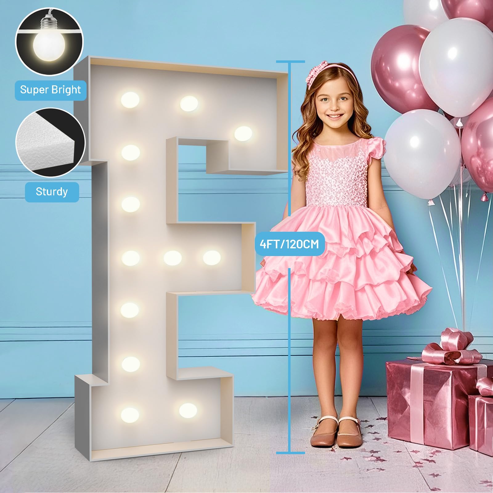 Letras iluminadas de marquesina de 4 pies, decoración de fiesta, letras grandes iluminadas con bolsa de agua pesada, juego de tablero de espuma precortada que se puede utilizar para cumpleaños, bodas | Incluye soporte y bolsa de agua con peso para decorac