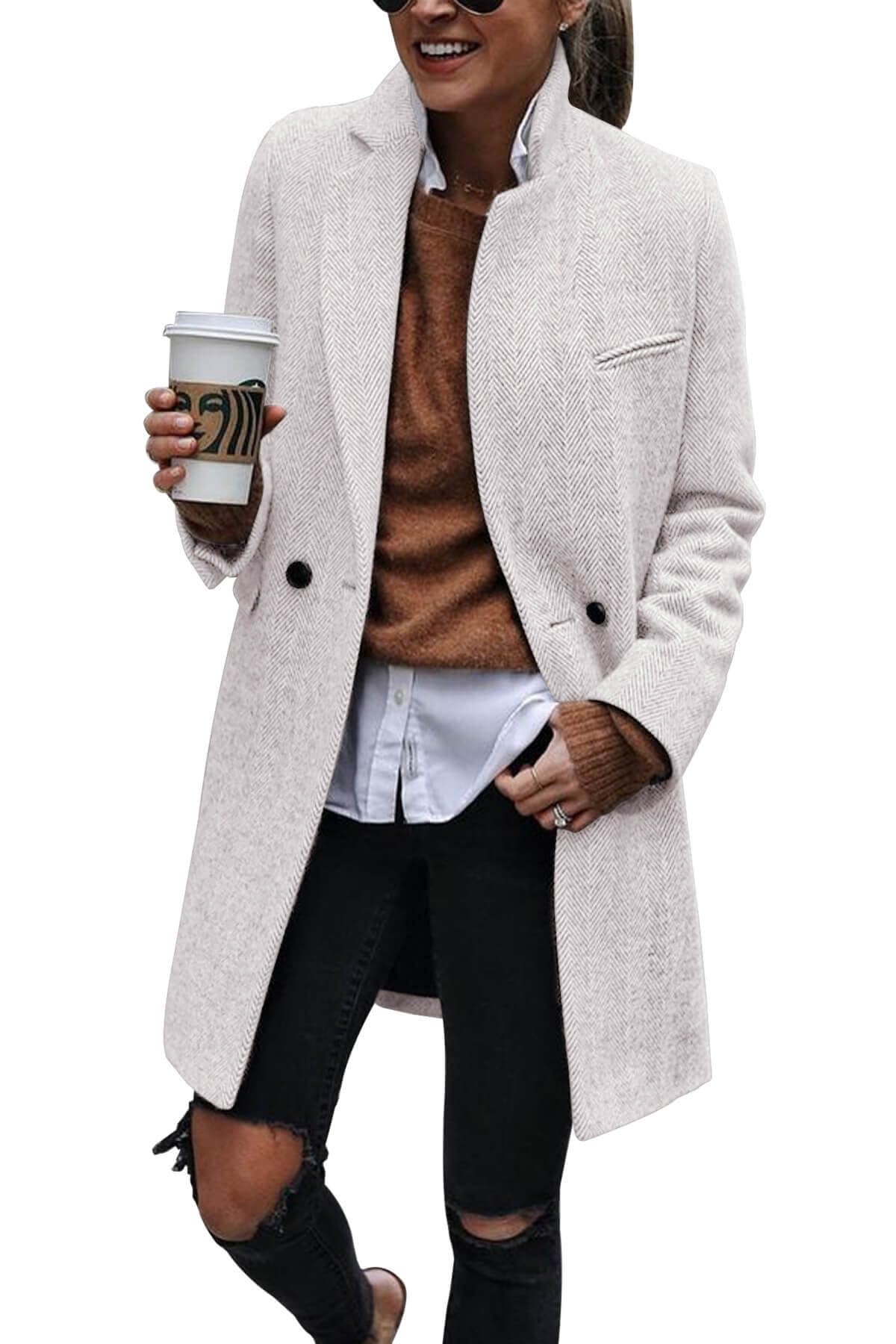 Ebifin Cappotto da donna con risvolto a doppio petto trench cappotto invernale casual lungo giacca blazer soprabito