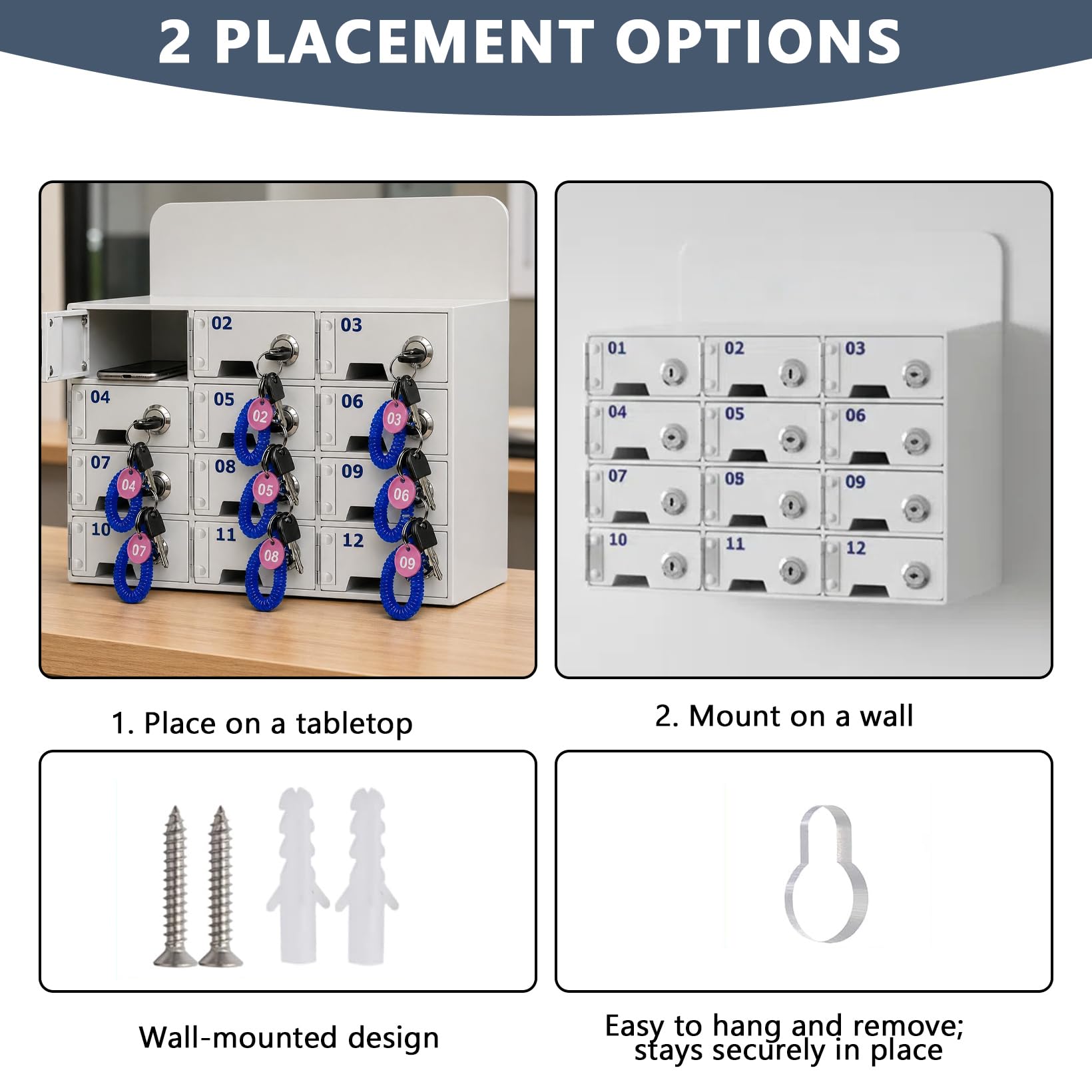 Guarda-Móviles 12 Compartimentos, Caja Guarda-Móviles de Pared con Llave y Puerto Carga, Armario de Carga para Teléfonos Móviles con Pulsera y Placa Identificativa, para Colegios y Fábricas