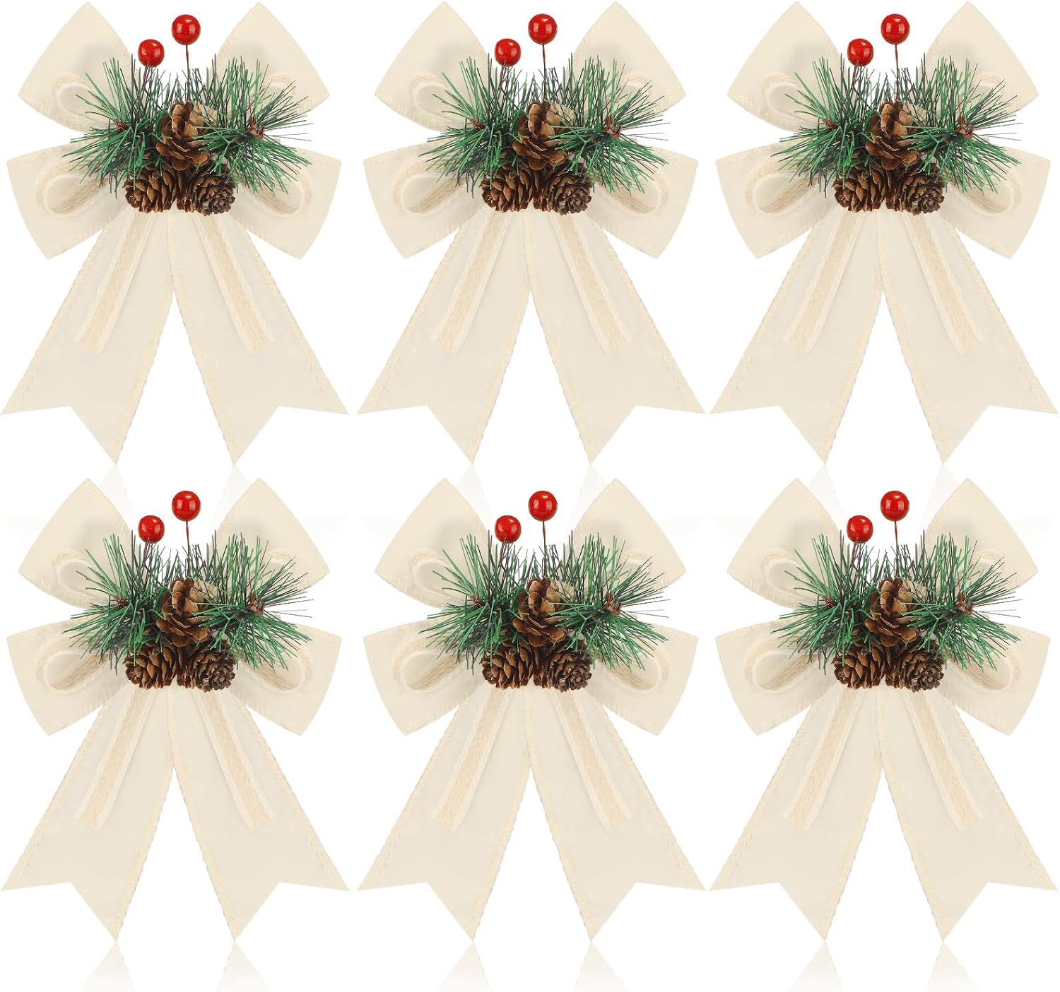 Moucuny 6 Pcs Christmas Burlap Plaid Bow with Pine Cones Pine Needles Xmas Checkered Ribbon Bow for Christmas Indoor Outdoor Farmhouse Tree Wreath Garland Craft Decor(Red and Black)
