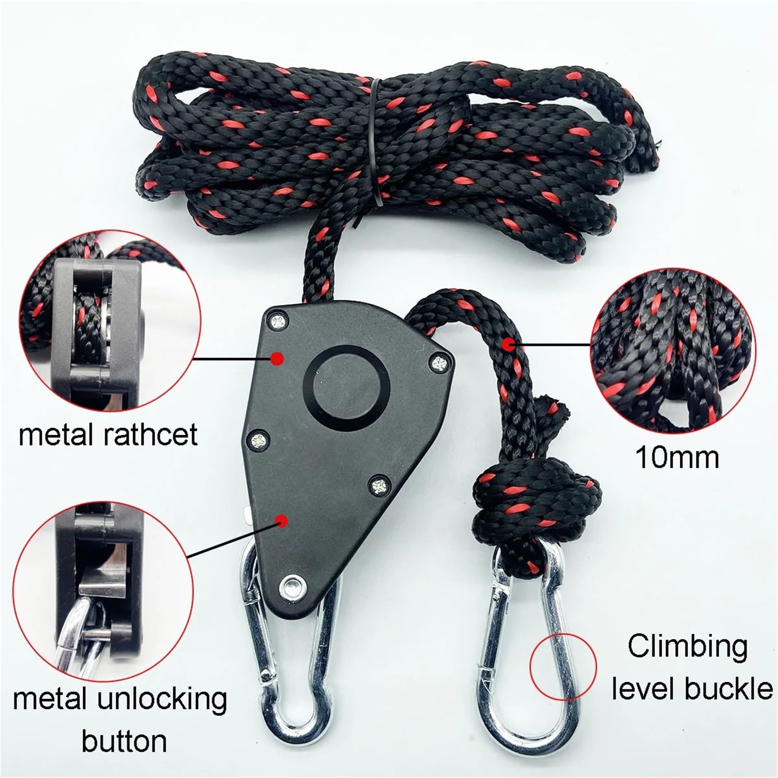 10mm 3/5/10m 100kg Tenda da campeggio Corda Puleggia Cricchetti Canoa Barca Poppa Lega Imbottiture Corda Heavy Duty Corda regolabile Gancio(Black 10m)
