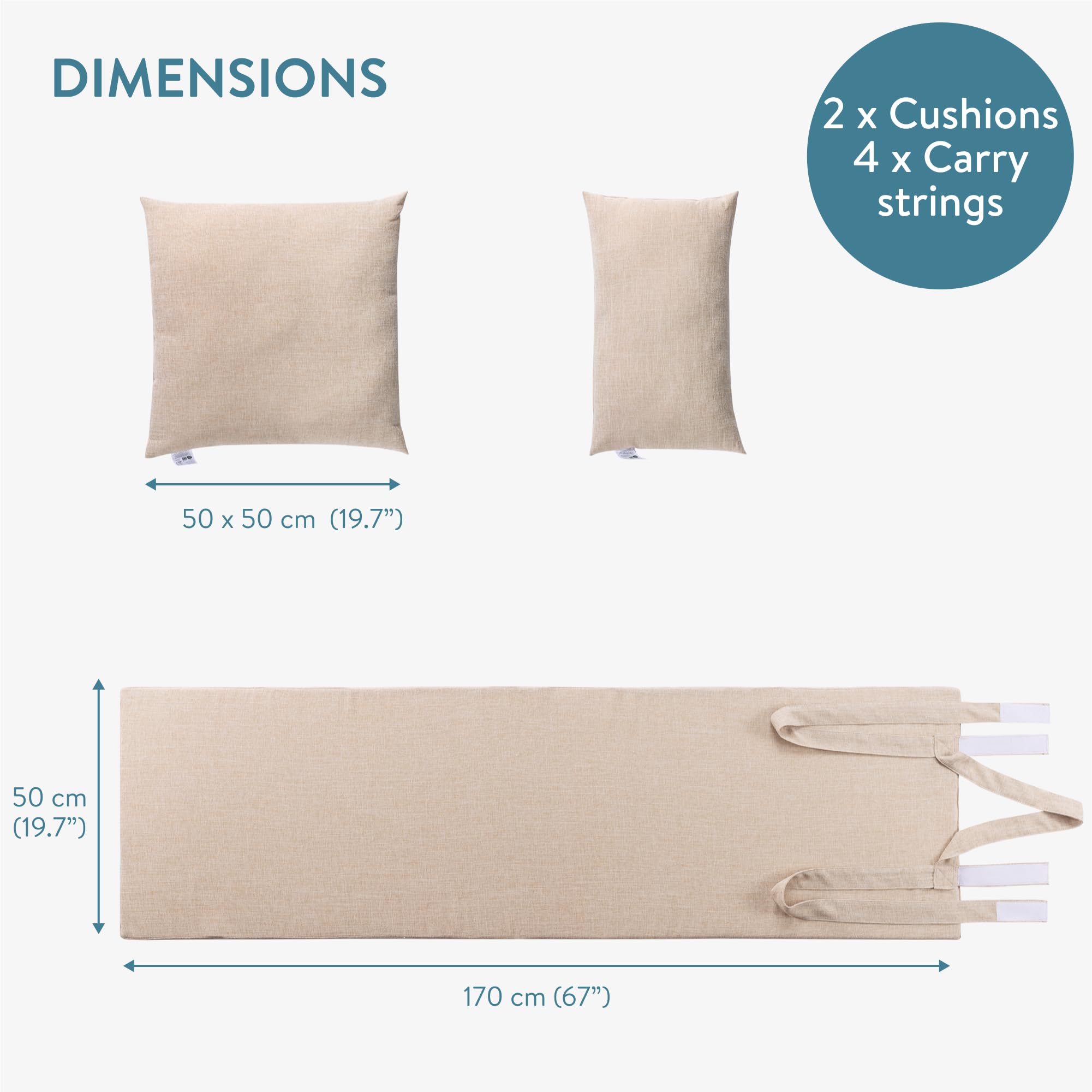 JEMIDI Cojín y Tumbona para Sauna y Jardín - Set 1x Colchoneta y 2x Cojin para Sauna SPA Piscina Jardin - Fácil de Transportar con Cuerdas - Fundas Lavables - Efecto Lino Beige