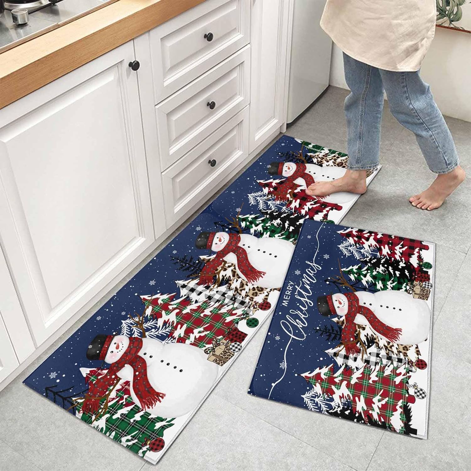 Kitchen Rugs and Mats Set,Merry Christmas Snowman Xmas Tree