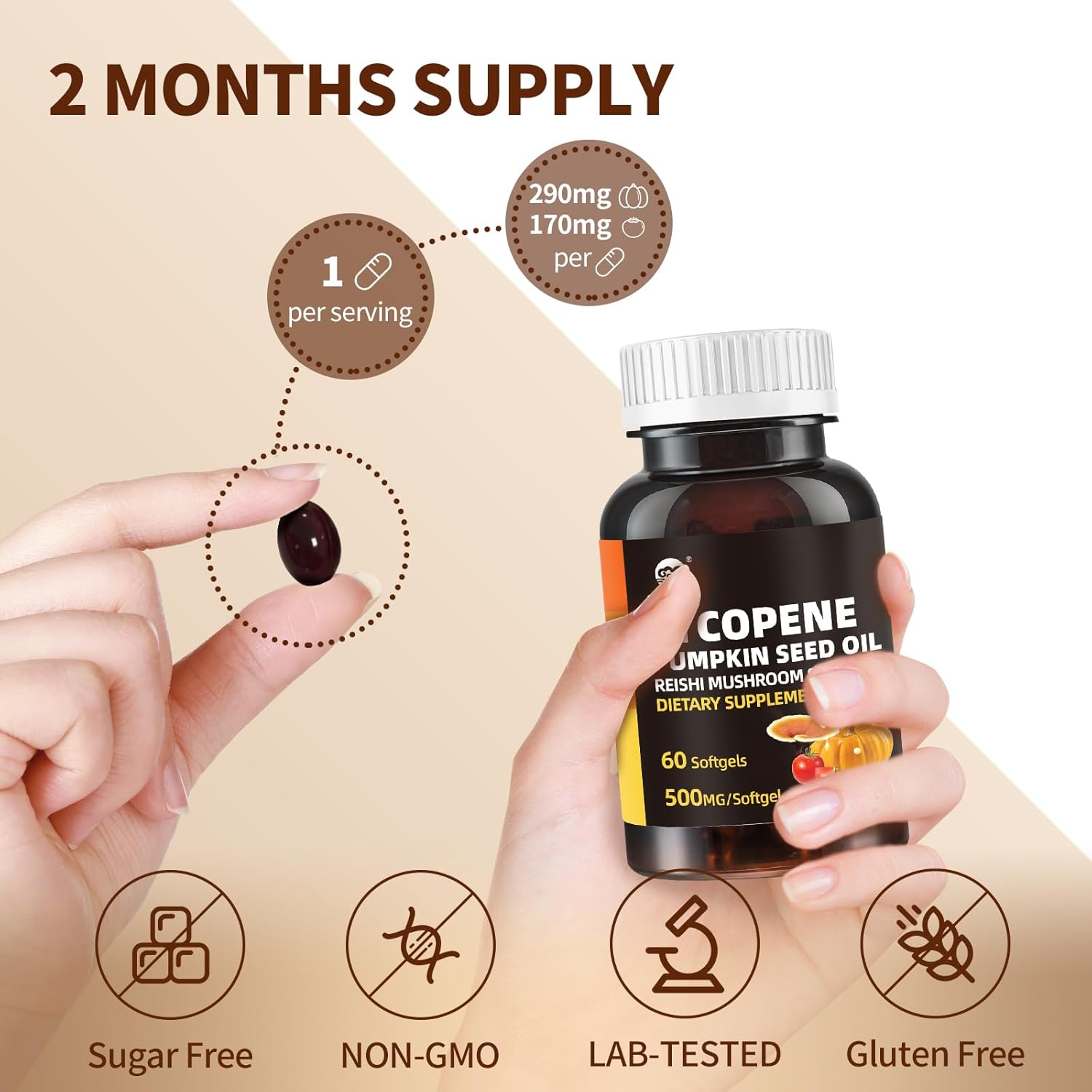 Pumpkin Seed Oil Capsule Lycopene Supplement, Cold Pressed Pumpkin Seed 3 in 1 Hair Growth Supplement with Reishi Mushroom Spore Oil for Urinary and Prostate Health, 60 Softgels