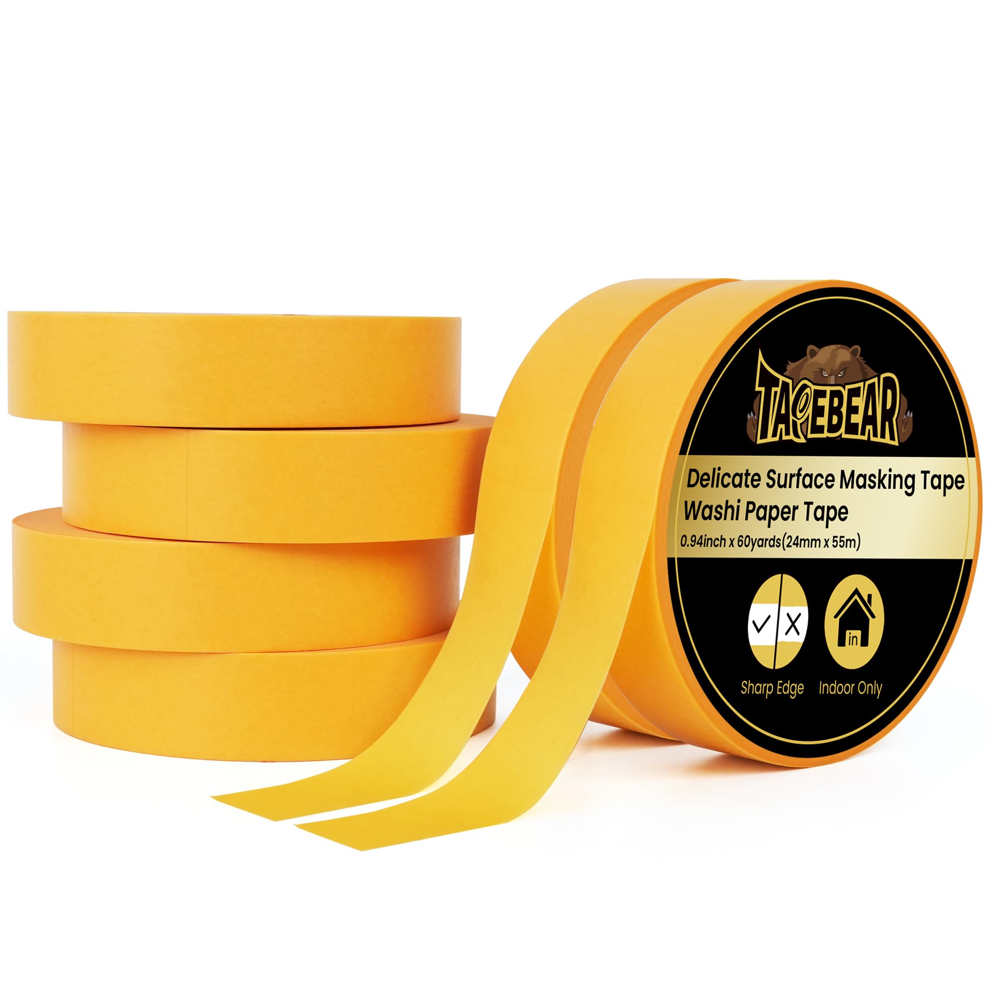 TAPEBEAR Delicate Surface Advanced Masking Tape 0.94" x 60Yard, Orange Washi Tape Indoor Painters Tape Decorating with No Paint Bleed, Sharp Lines,