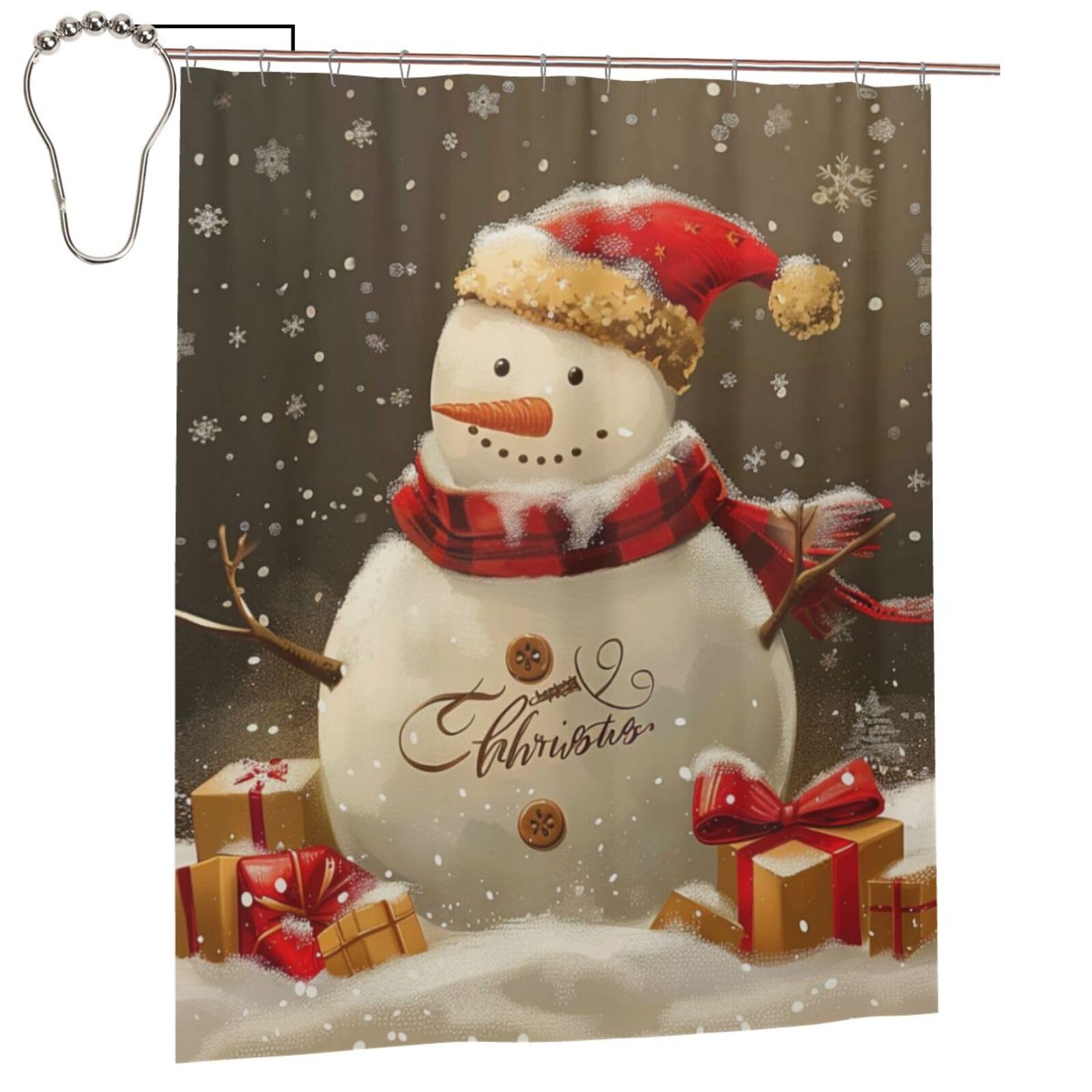 BWWHCCTI Christmas Snowman Printed Shower Curtain With 12 Iron Hooks Opaque Quick Drying Waterproof Shower Curtains Sets For Bathroom 152x183 Cm