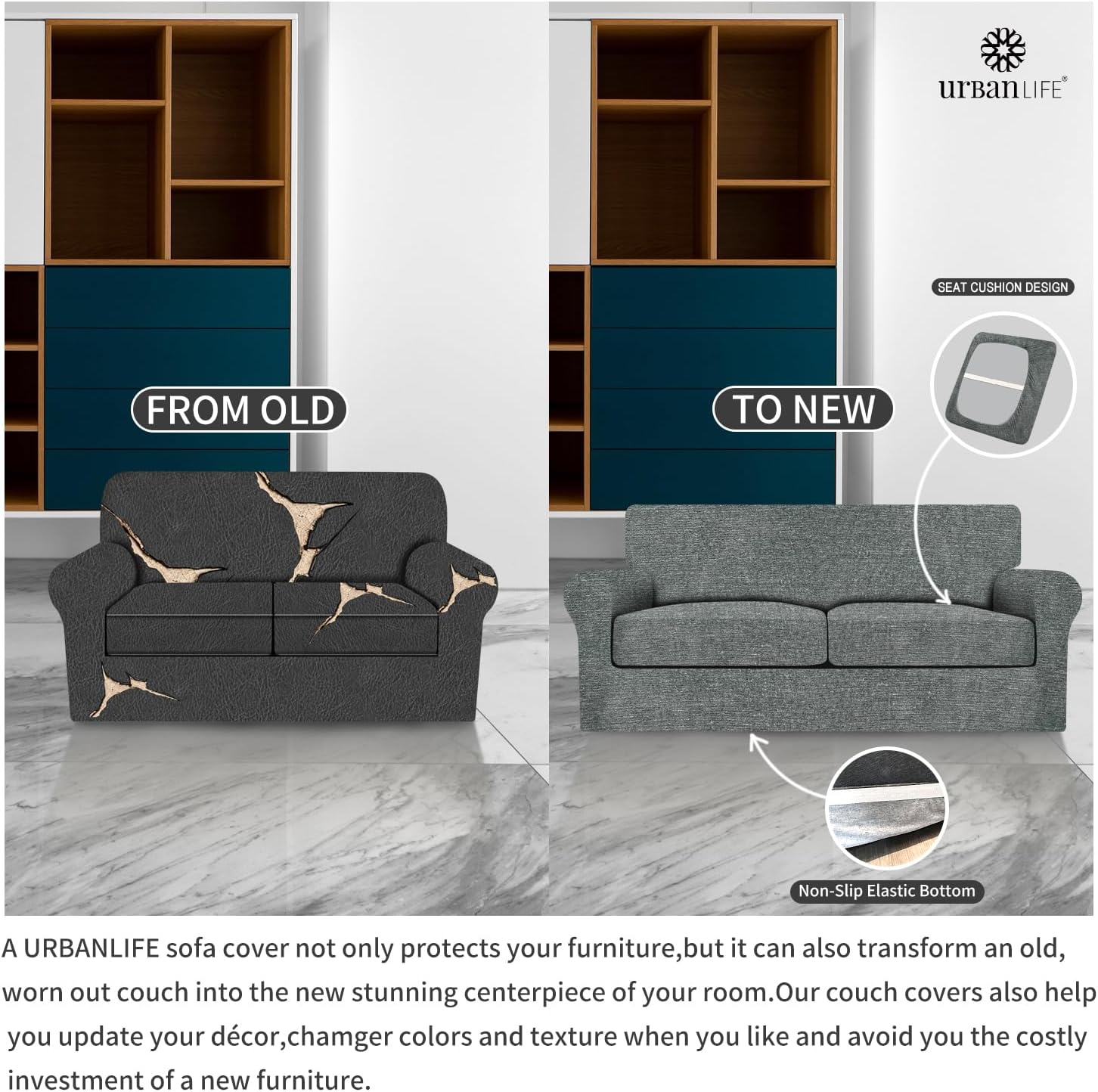 URBANLIFE Stretch Sofa Covers & Loveseat Couch Covers for 3 Cushion Sofa with 2 Cushion Sofa for Living Room Slipcover Set, Gray