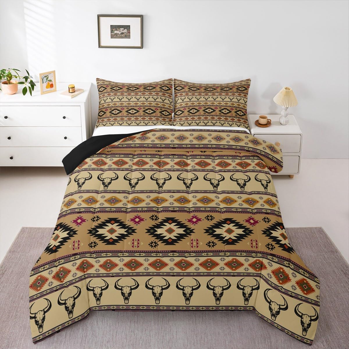 Feelyou Kids Western Bull Skull Comforter King Size, Southwestern Aztec Comforter Set Men Women Boho Tribal Bedding Set Ethnic Bohemian Rustic Country Teens Duvet Set Bedroom Decor 3Pcs