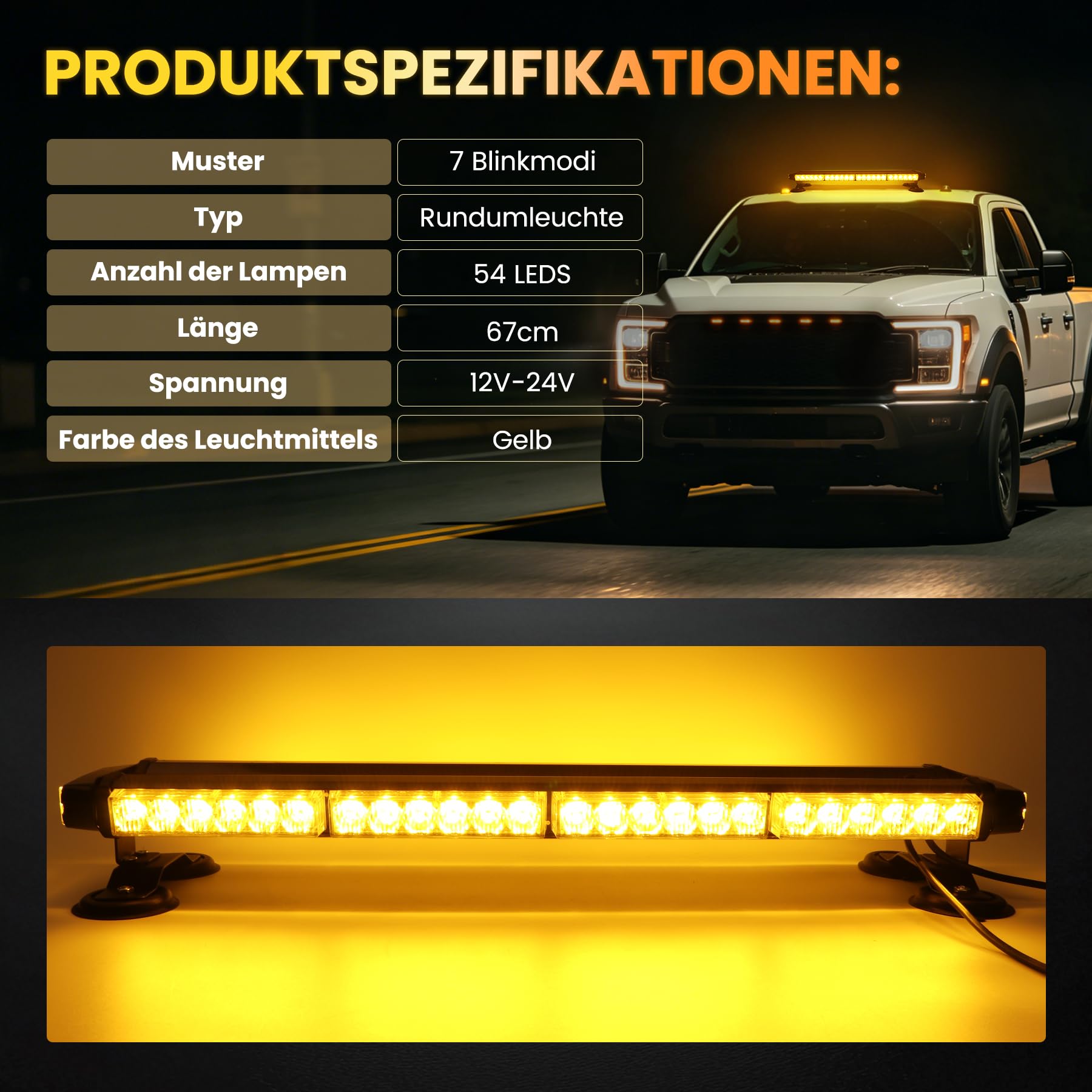 67cm 54 LED Rundumleuchte Blinklicht -7 Modi 12/24V Blitzleuchte Amber Warnleuchte Magnetische Notfallblinklampe Wiederherstellungswarnung gelbes Decke Licht (Gelb)