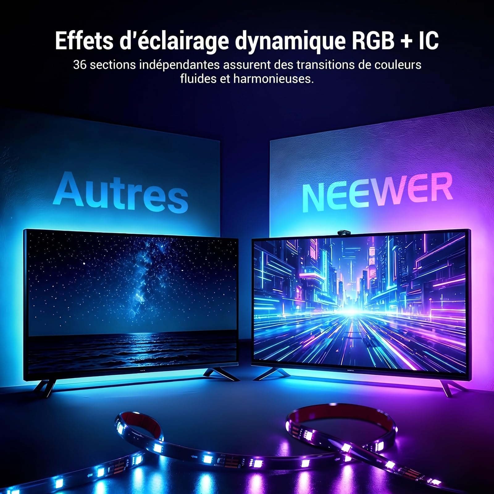 NEEWER Basics Rétroéclairage TV pour Écrans 75"-85",Bande LED RGB 5m avec Capteur de Luminosité,Allumage/Extinction Programmable,24 Effets Sonores,Compatible avec Une Application de Contrôle,NS03