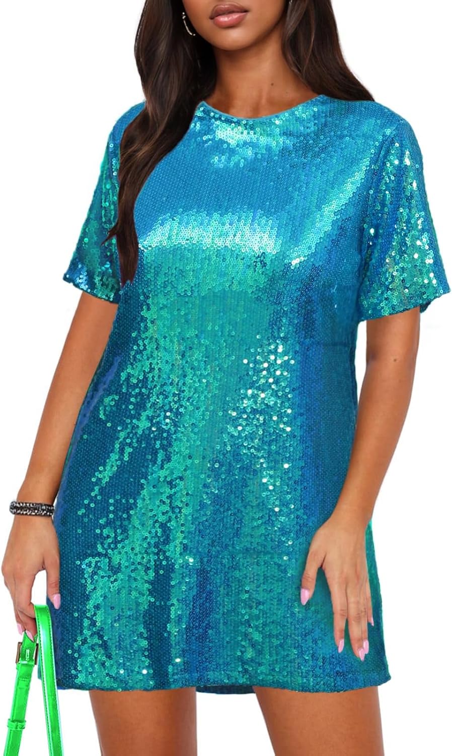 ENOPINK Women's Crew Neck Sequin Dress for Women Sexy V Neck Shirt Dresses Sparkly Shift Mini Dress
