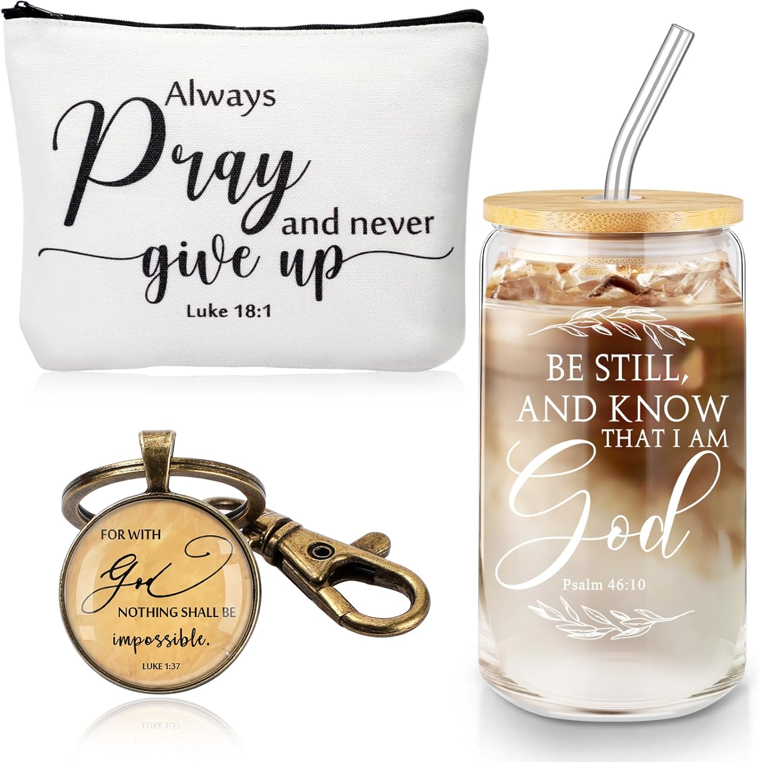 3 Pcs Christian Gift for Women Faith Bible Verse 16 oz Glass Cup with Lid Scripture Keychain Makeup Bag Inspirational Religious Gift for Birthday Church Mom(Pray)