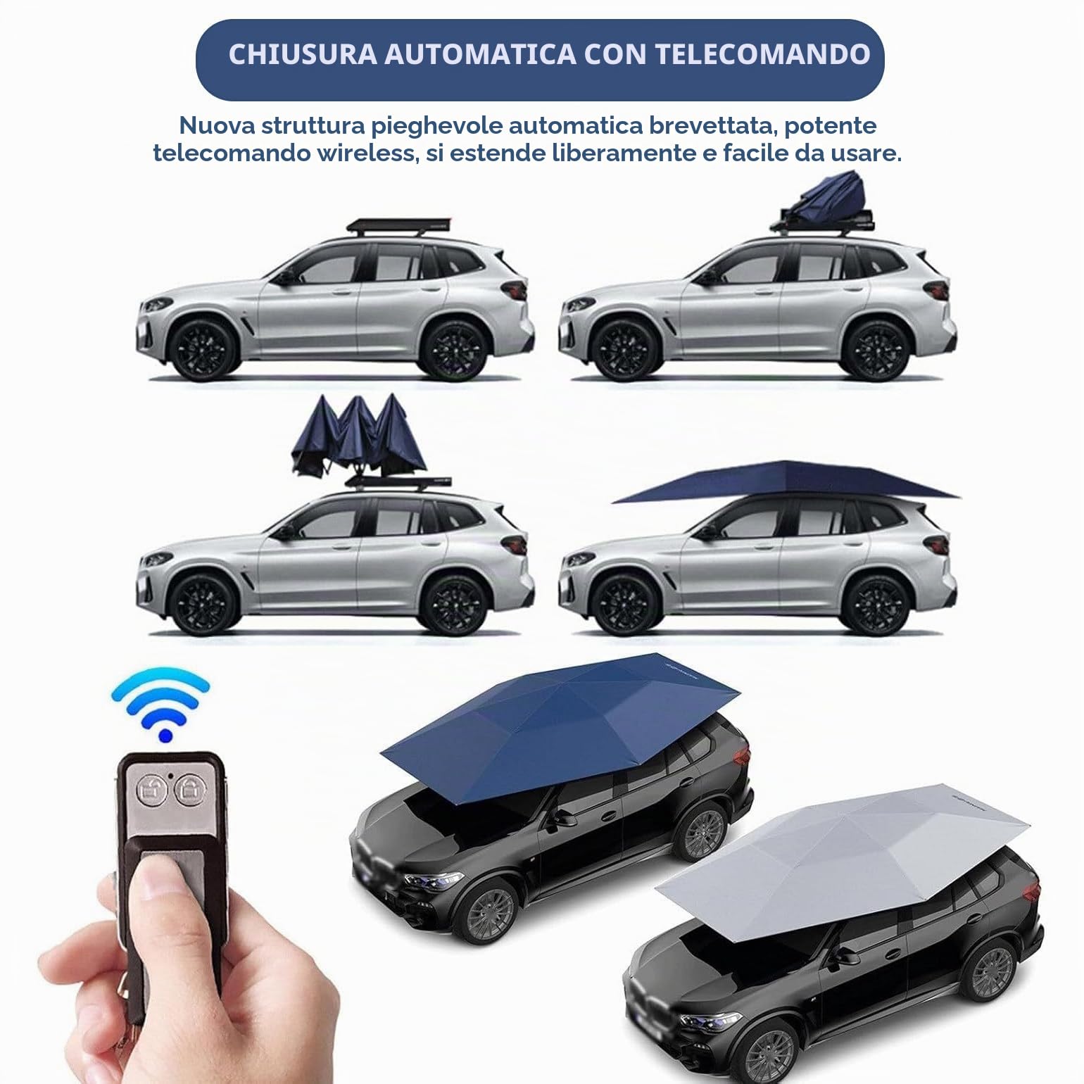 Ombrello per Auto automatica con barre sul tetto/scatola portaoggetti/batteria rimovibile, telecomando, tenda da auto tetto con protezione UV, telo antigrandine per auto, 3800*2800MM,Grey