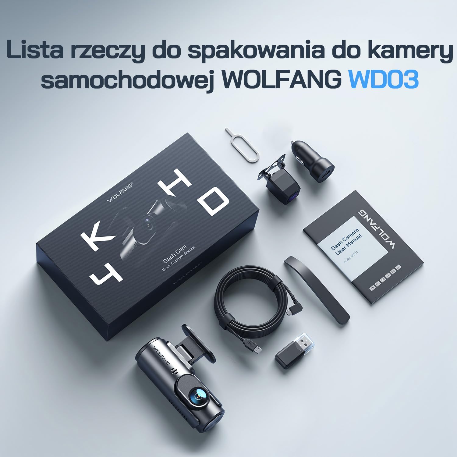 Kamera samochodowa WOLFANG 4K przednia i tylna kamera samochodowa Wi-Fi, podwójna kamera samochodowa z noktowizorem, nagrywanie w pętli, czujnik G, szeroki kąt 170, osłona parkowania