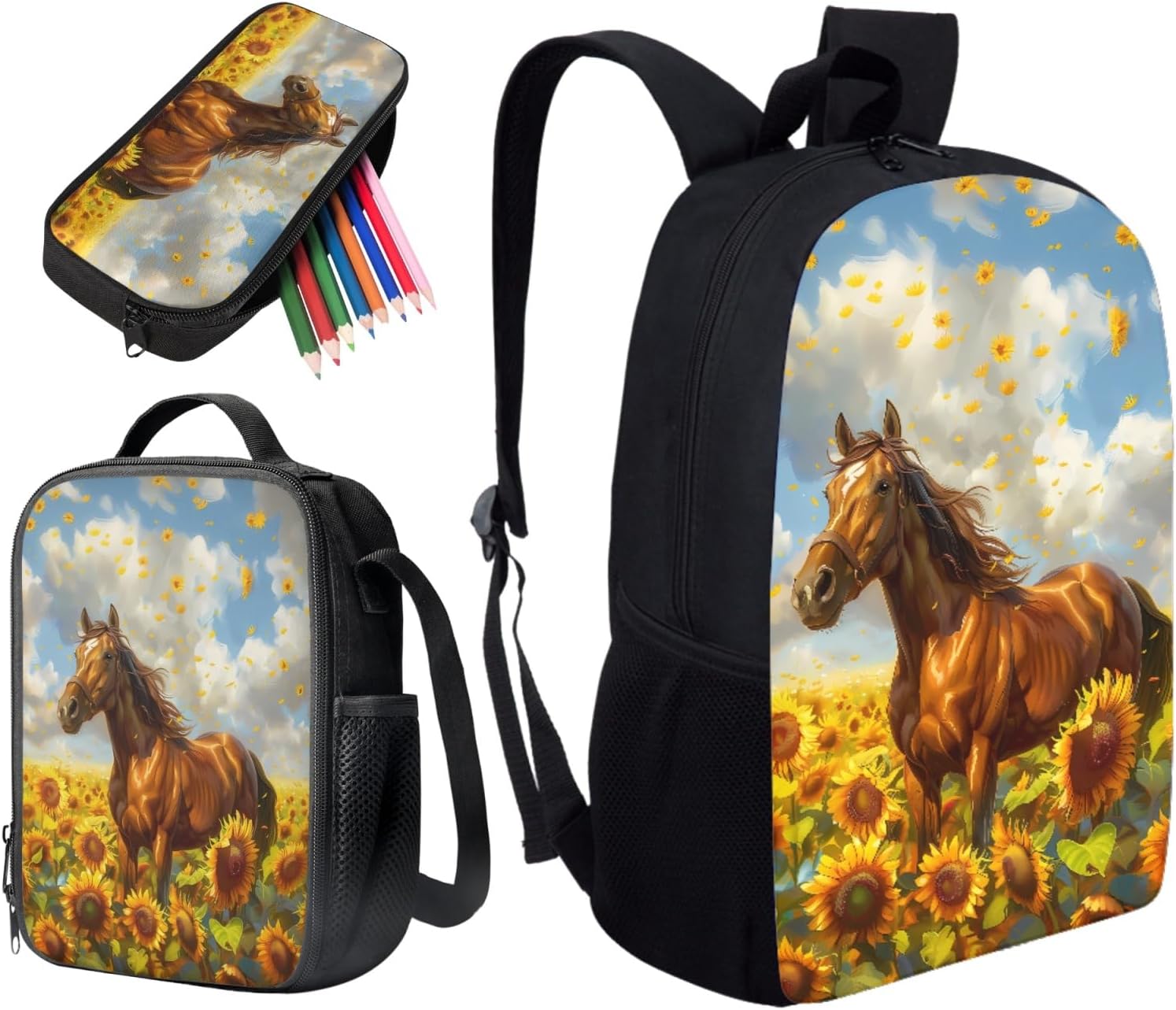Renewold Horse Backpack for Girls Boys Yellow Sunflower Horse Print Kids School Bookbags Set Preschool Primary Middle Student Bookbag with Insulated Lunch Box Bag Pencil Case 3pcs Set School Supplies - Image 6