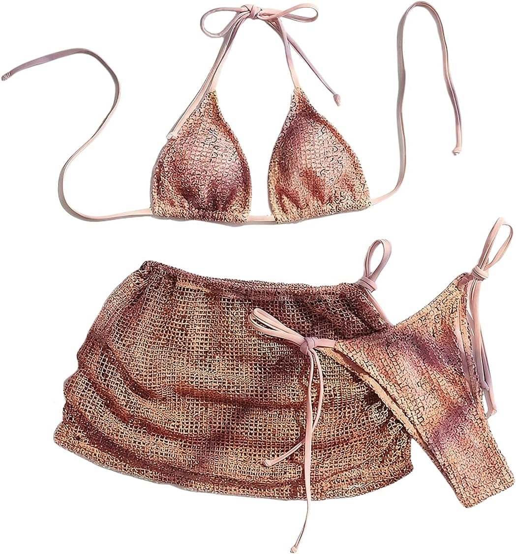 MakeMeChic Women's 3 Piece Crochet Bikini Sets Halter Triangle Summer Swimsuits with Cover Up Skirt Beach Outfits