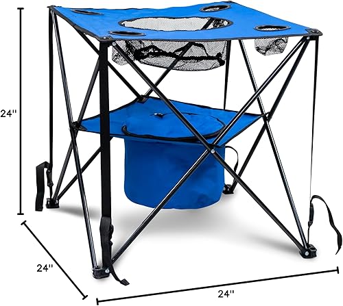 Miniatura 3 de Mesa de camping plegable plegable con enfriador aislante, soporte para tazas, cesta de comida de malla y bolsa de viaje, color azul