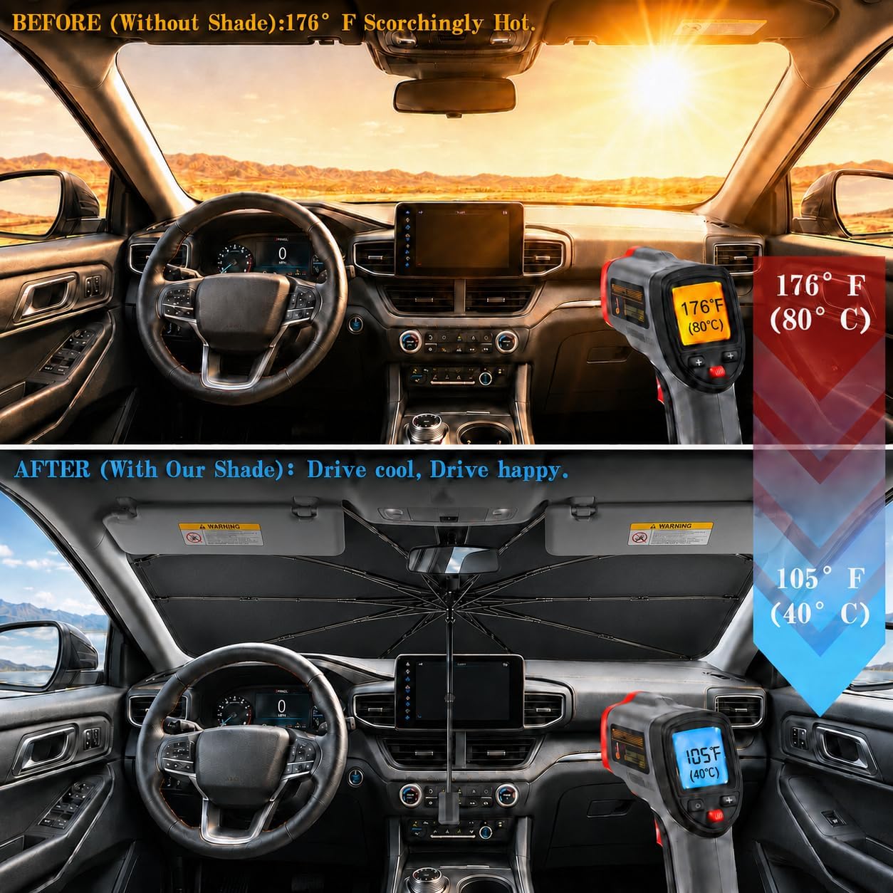 Upgraded Car Windshield Sun Shade Umbrella, Car Shade Front Windshield Sun Shade, Foldable Umbrella for Block UV Rays & Sun Heat Protection, 57"X31"
