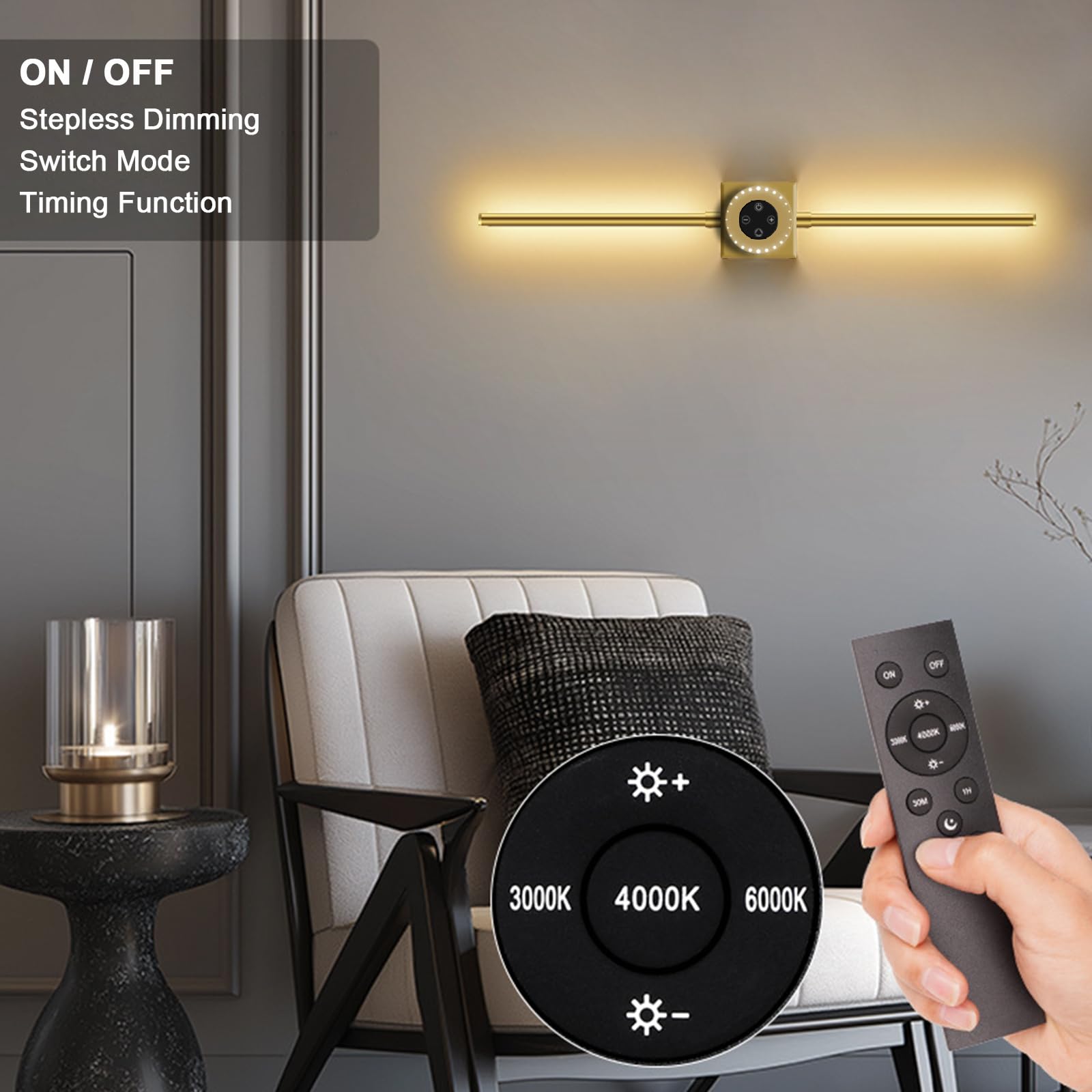 Akku Wandleuchte Innen Gold Touch Fernbedienung Dimmbar für Schlafzimmer | 78.5CM Lang Abnehmbar 6000 mAh Batterie USB Aufladbare Kabellos 360° Drehbarer Timer Tragbar Wandbeleuchtung für Wohnzimmer