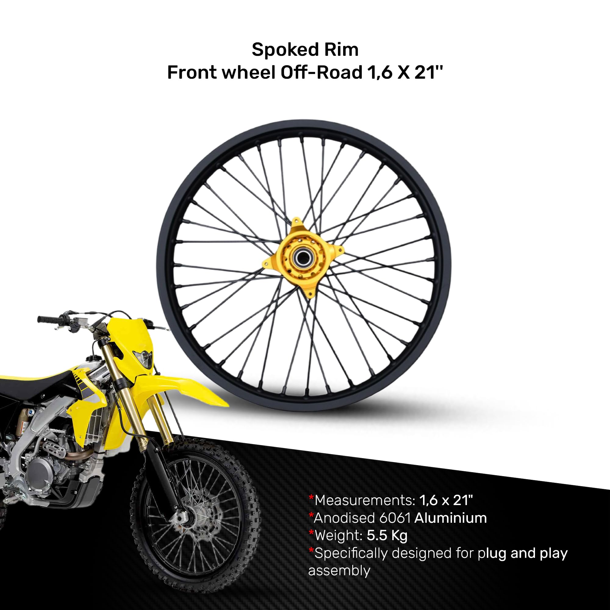 avdb -moto felga/kompletne koło przednie 1,6" x 21" kompatybilna z SUZUKI RMZ 250 RM-Z 2007-2022, RMZ 450 2007-2022, RMZ 450 X RMZ-X 2010-2017 Enduro (żółta)