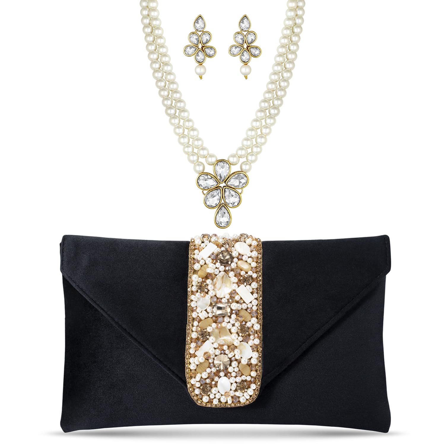 Peora Combo of Pearl Necklace Set & Black Clutch Purse for Women Girls|Jewelry Set for Wedding Party Evening|Bridal Ethnic Handbags (B0CVSFQ911) Amazon Price History, Amazon Price Tracker