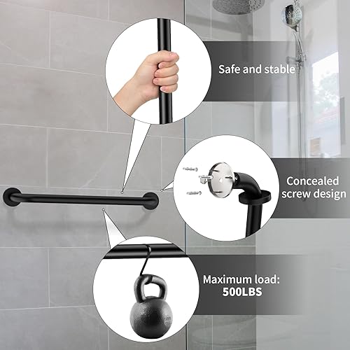 Miniatura 3 de ZUEXT - Paquete de 2 barras de agarre negras de ducha de 24 pulgadas, mango de barra de agarre de pared de baño de acero inoxidable, barra de