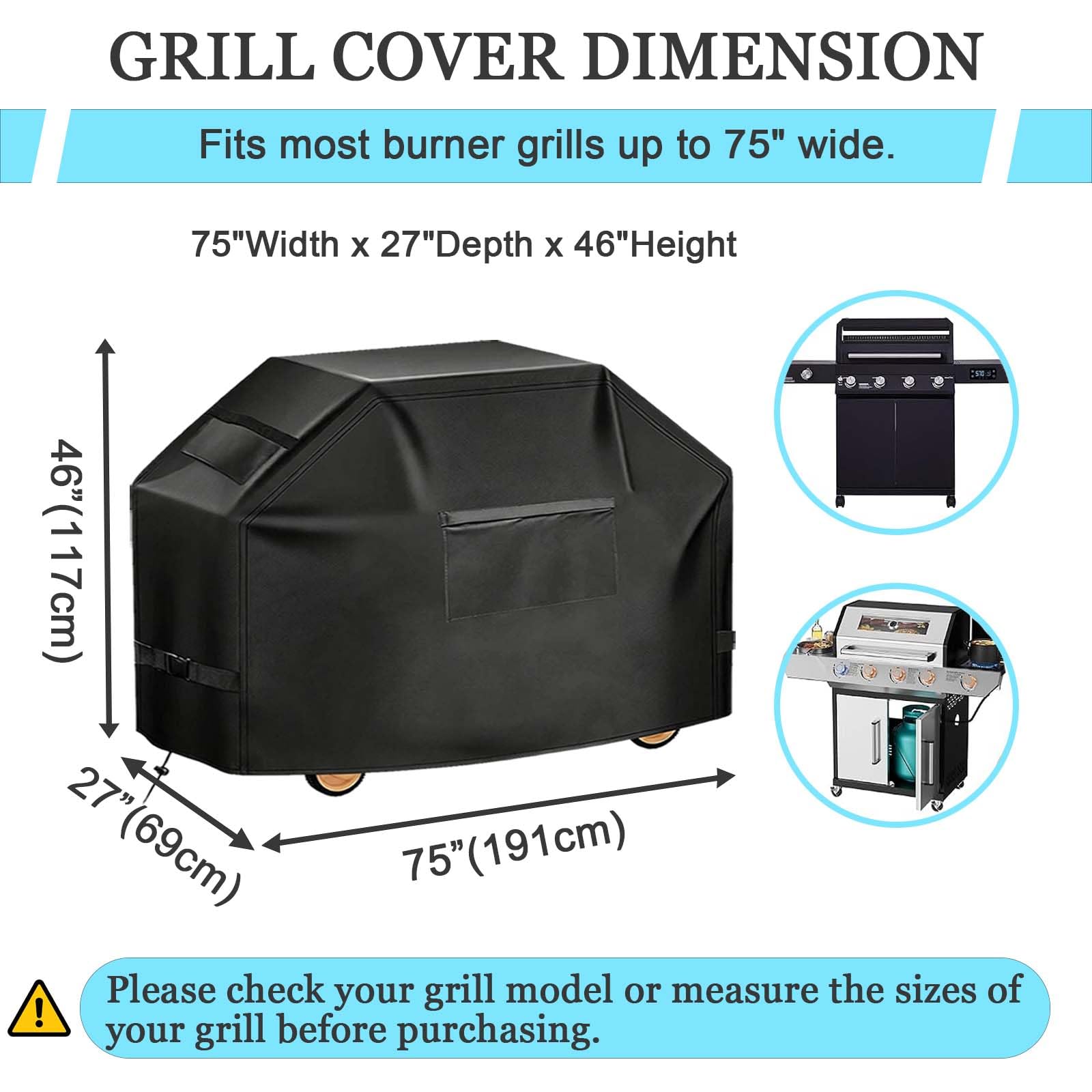 Copertura Barbecue da Esterno, 600D Oxford Telo Copri Barbecue Impermeabile, Resistente ai Raggi UV e agli Strappi, Anti Polvere Neve Pioggia,con Custodia,Nero,191x69x117cm