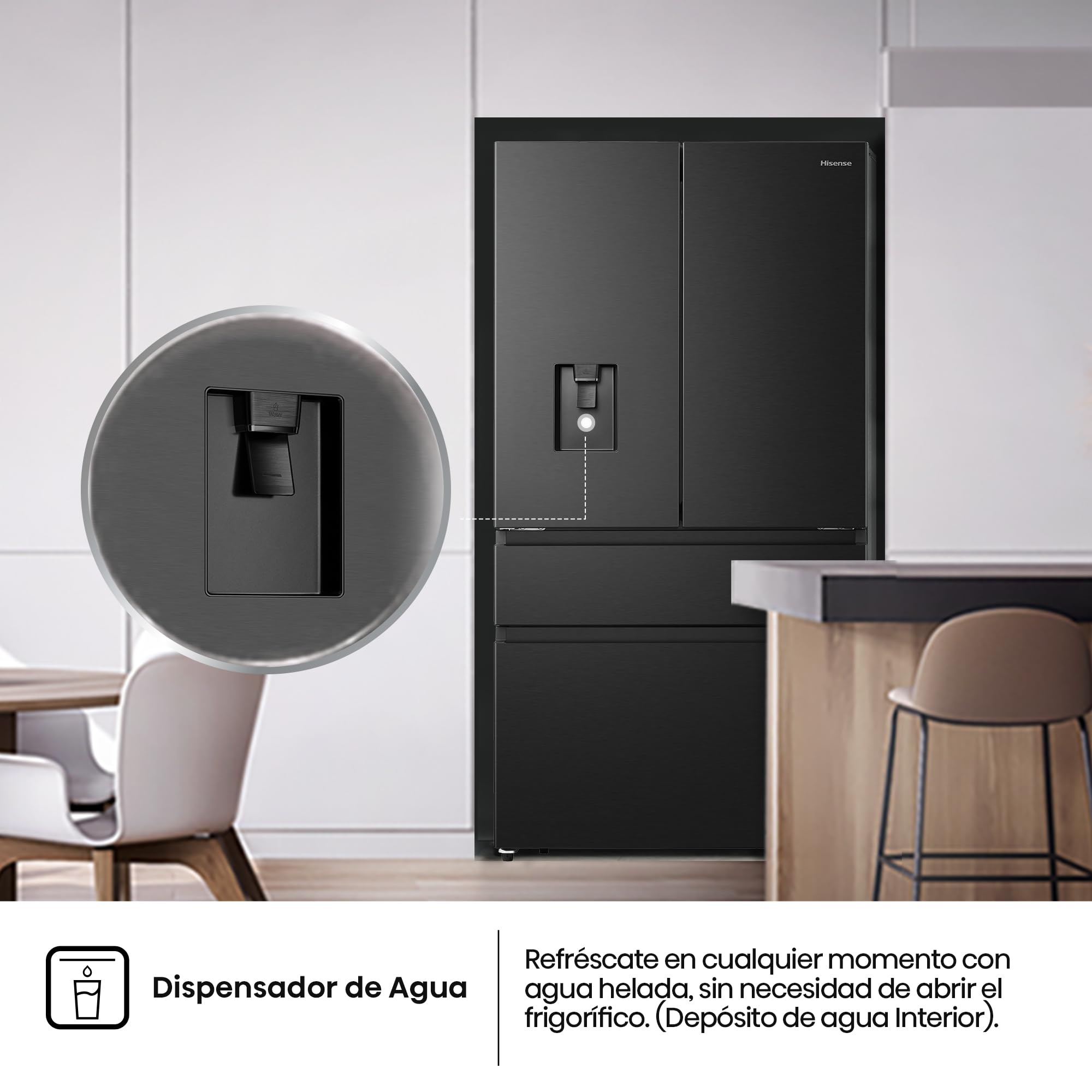 Hisense RF749N4SWFE - Frigorífico Americano Puerta Francesa Total No Frost, 579L,179cm, Metal-Tech Cooling, My Fresh Choice, Multi Airflow, Dispensador Agua con Depósito, Inverter, WiFi, Dark Inox