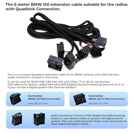 SWTNVIN IS0 Extension Cable Harness Adapter Suitable for BMW E38 E39 E46 E53 ISO Stereo Plug Adaptor, 6 Meter