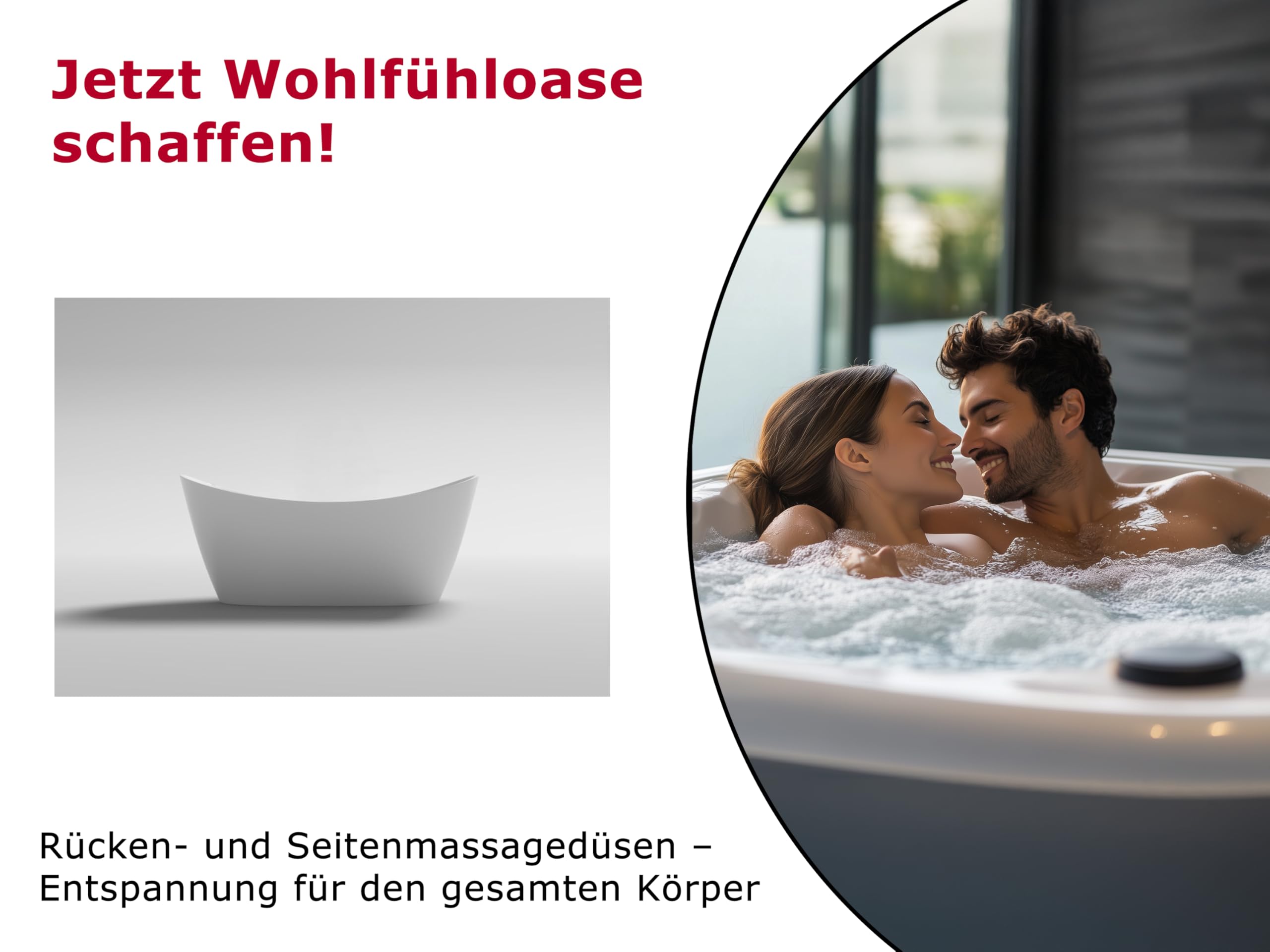 Freistehende Luxus Whirlpool Badewanne Oslo – 180x90 cm – 12 Massage-Düsen, LED-Farblichttherapie, freistehend für 2 Personen, Hot Tub Spa Indoor – Ohne Armatur