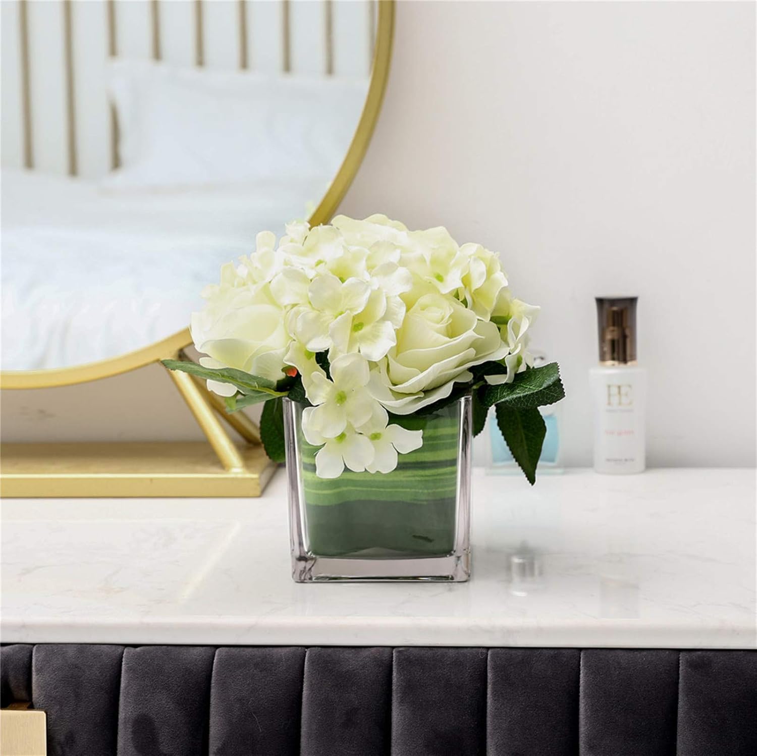 Fule Artificial Silk Rose Flower Centerpiece Arrangement in vase for Home Wedding Decoration (Spring White) - Image 4