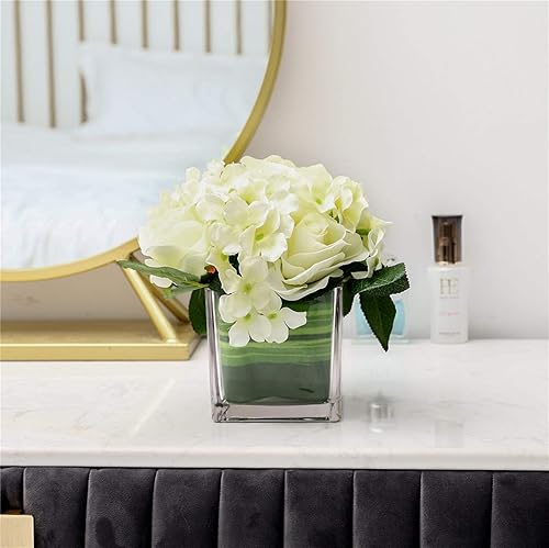 Miniatura 4 de Fule Arreglo de centro de mesa de rosas de seda artificial en jarrón para decoración de boda del hogar (blanco primaveral)