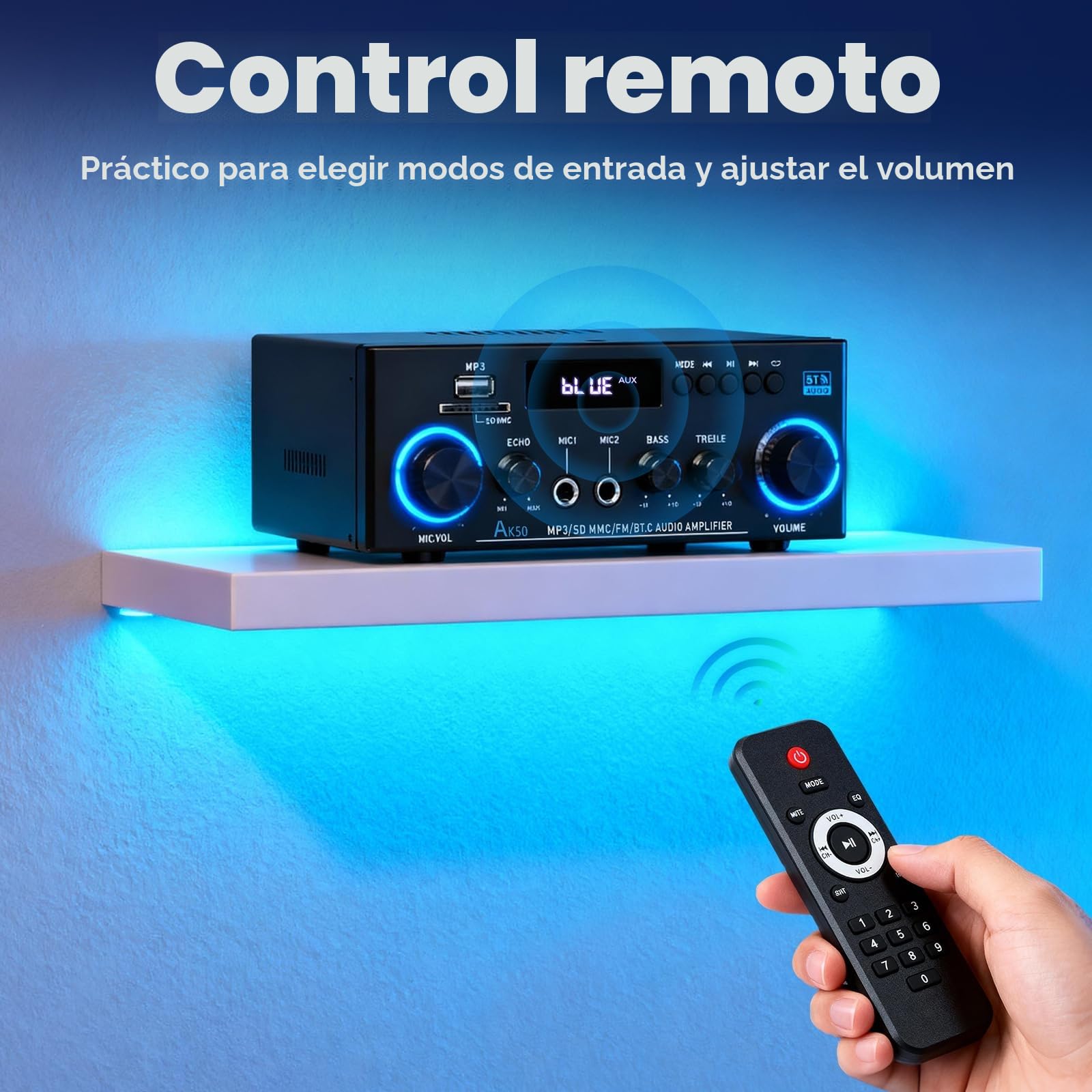 Romicta AK50 Amplificador de Audio Estéreo 800W, Bluetooth 5.0, 2 Canales, con Radio FM, USB, SD, Echo, Micrófono input y Control Remoto, para Cine en Casa