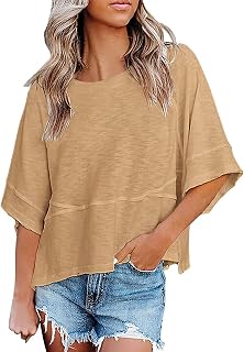 Women's Fashion Casual T Shirt Round Collar 3/4 Sleeve Plain Color Tees Summer Tops Blouses