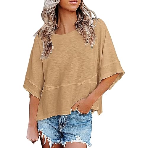 Womens Fashion T-Shirt Crewneck 3/4 Sleeves Solid Color Loose Basic Tops Summer Casual Tees Blouses
