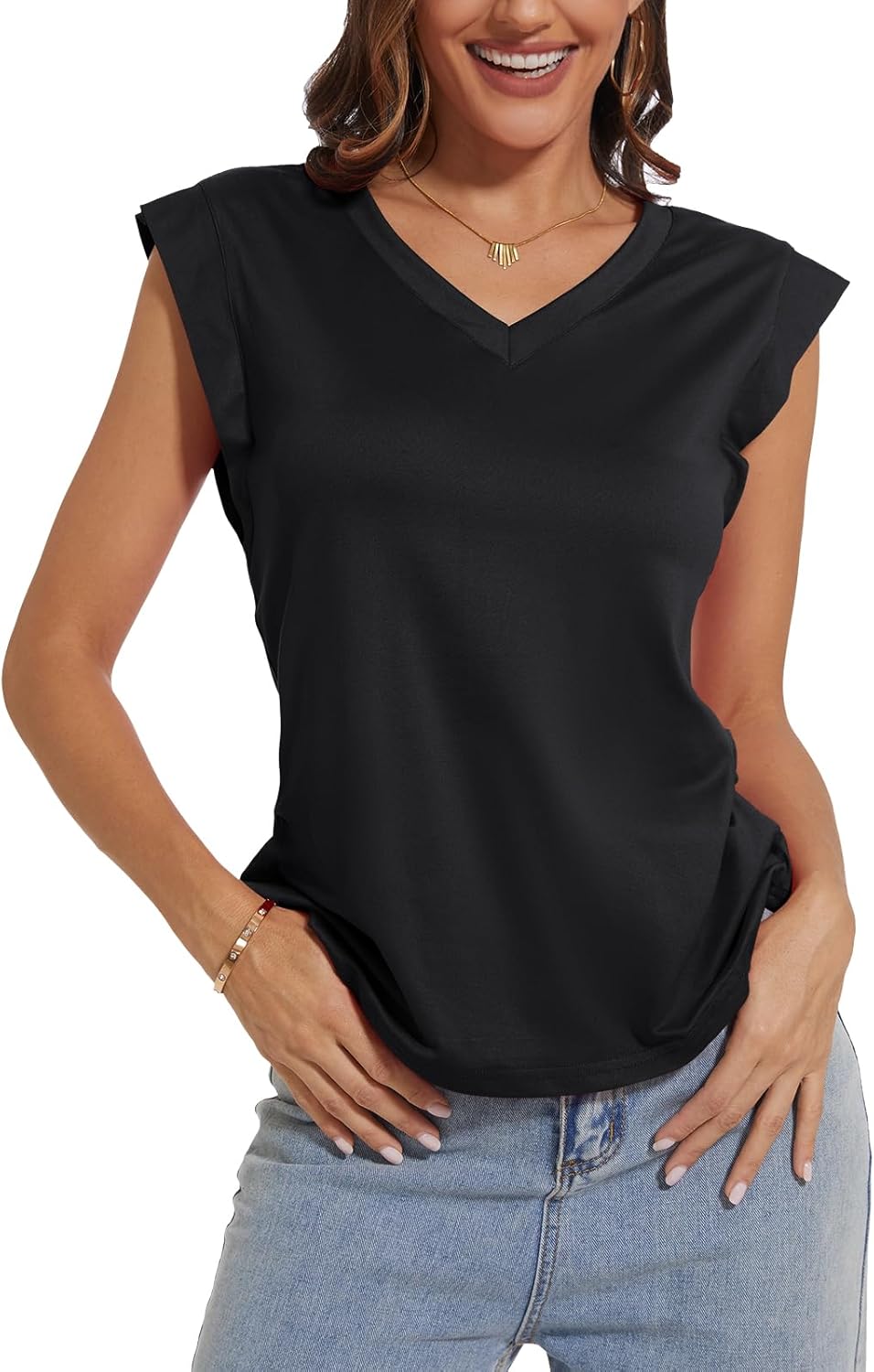 BATHRINS Cap Sleeve Tops for Women Summer V-Neck Basic Casual T-Shirt Fashion Loose Fit Tank Tops X-Large Black