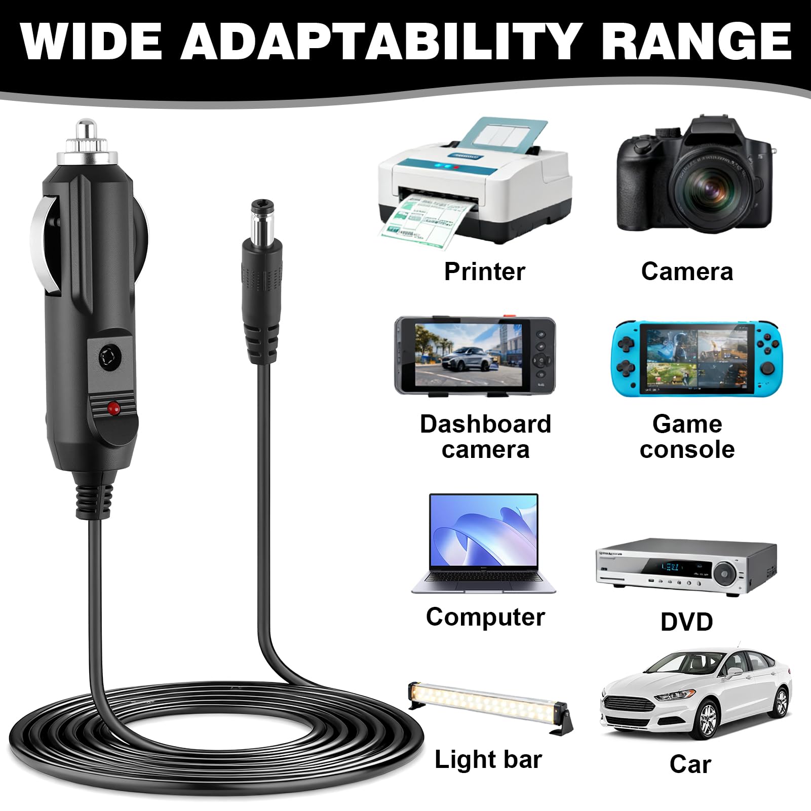 Cargador Universal Para Coche 12V 2A Con 8 Adaptadores Y Conector DC 5.5x2.1mm, 24W, Ideal Para GPS, Tabletas Y Altavoces Bluetooth