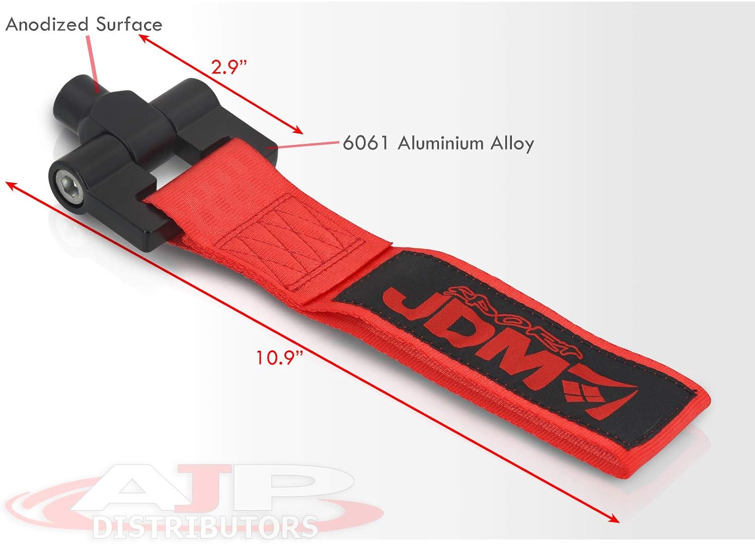 AJP Distributors Upgrade Track Drift Rally JDM Sport Universal Aluminum M12 X 1.75 Screw Bolt On Front & Rear Bumper 10.9" Nylon Trailer Towing Strap Belt Rope Recovery Hook Red